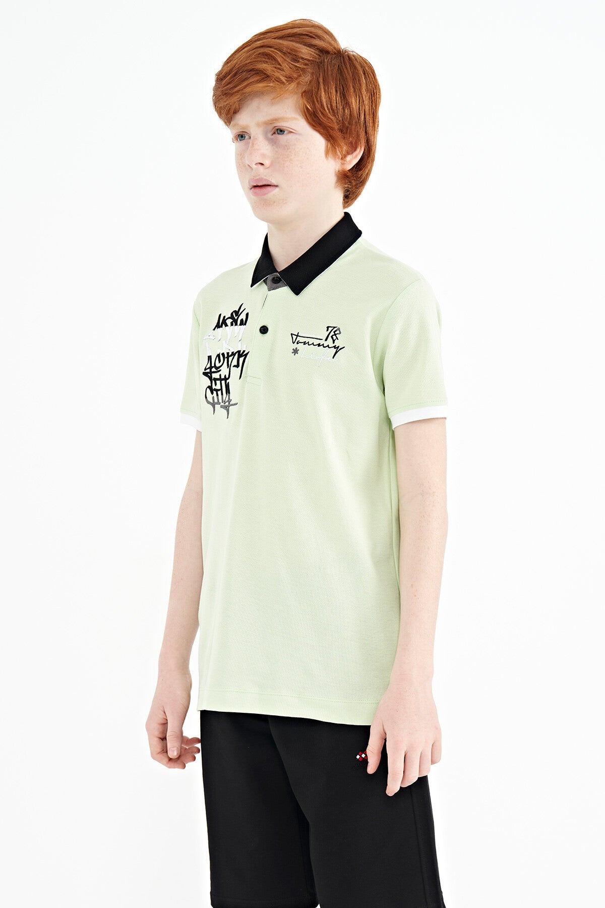 Açık Yeşil Yazı Nakış Detaylı Standart Kalıp Polo Yaka Erkek Çocuk T-Shirt - 11085