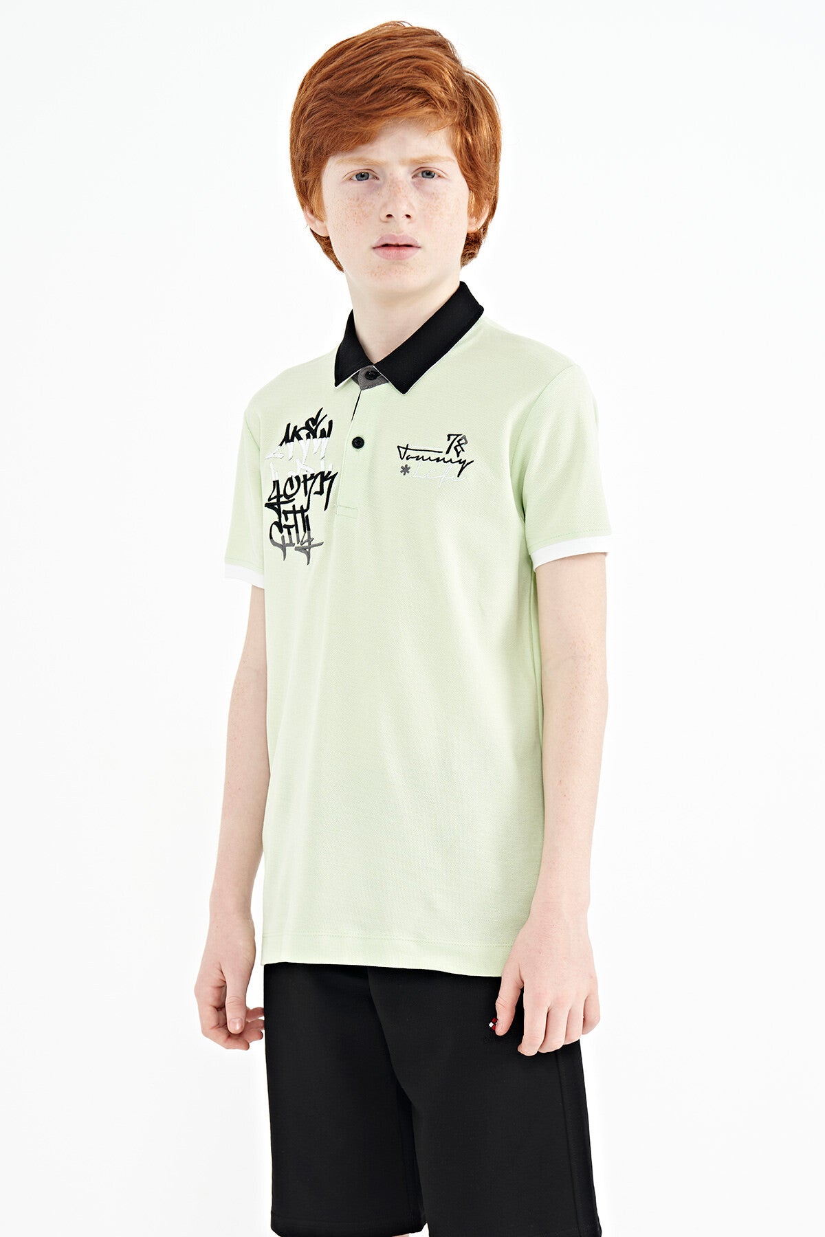 Açık Yeşil Yazı Nakış Detaylı Standart Kalıp Polo Yaka Erkek Çocuk T-Shirt - 11085