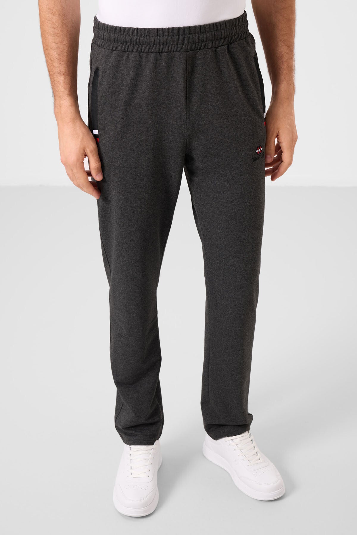 Antrasit Melanj - Siyah Fermuar Cepli Dar Kalıp Klasik Paça Erkek Eşofman Alt - 84649