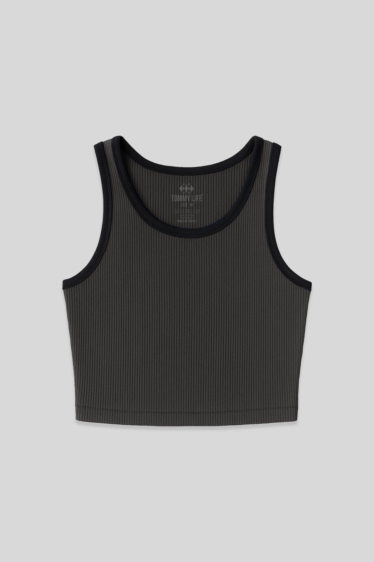 Antrasit Basic Sıfır Kol Dar Kalıp U Yaka Kadın Crop Top Atlet - 97160