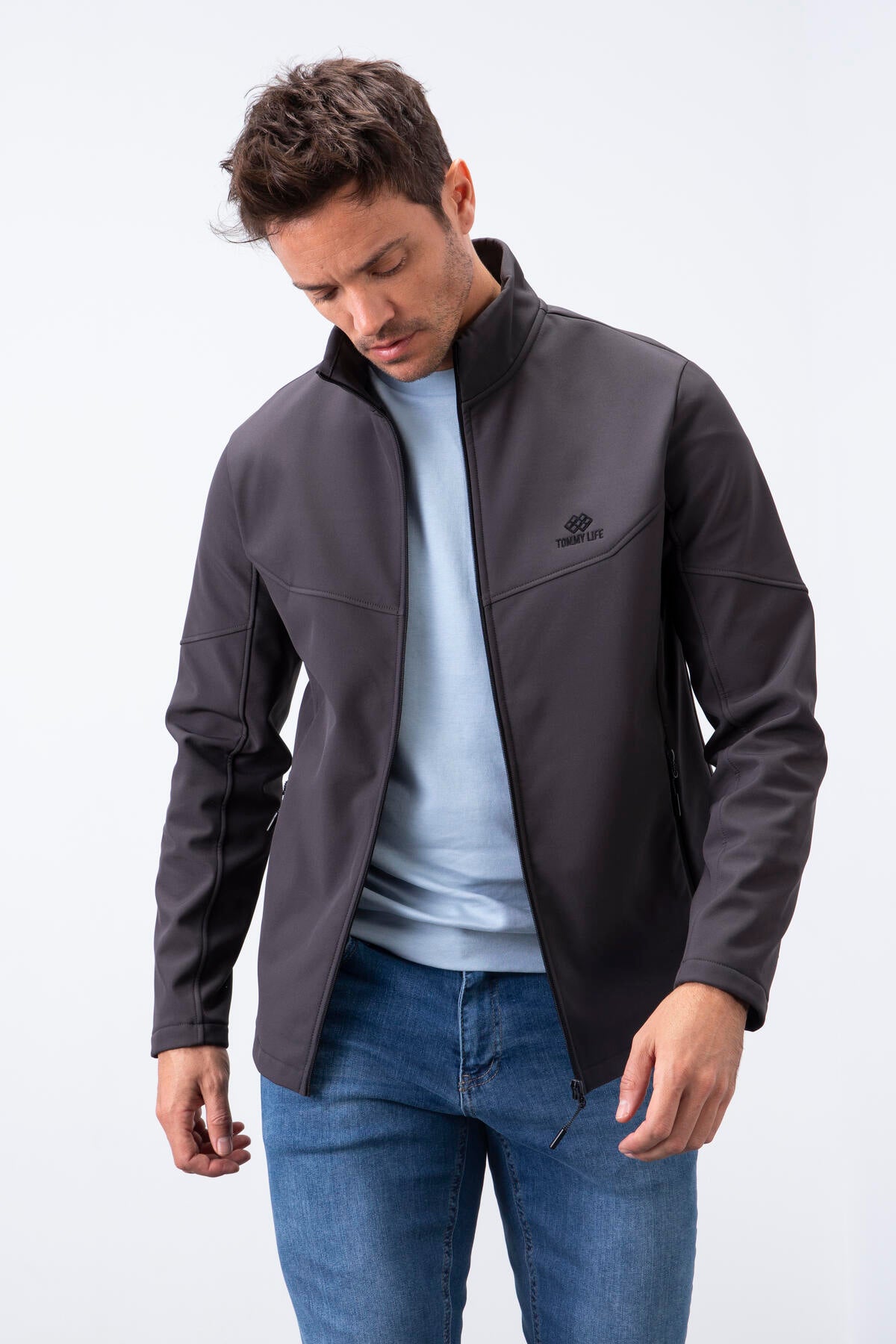 Antrasit Fermuarlı Dik Yaka Su ve Rüzgar Geçirmez Softshell Erkek Mont - 88050