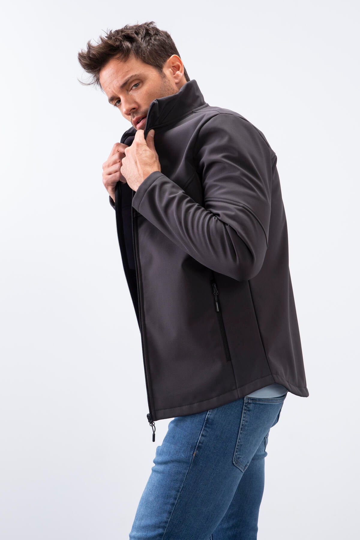 Antrasit Fermuarlı Dik Yaka Su ve Rüzgar Geçirmez Softshell Erkek Mont - 88050