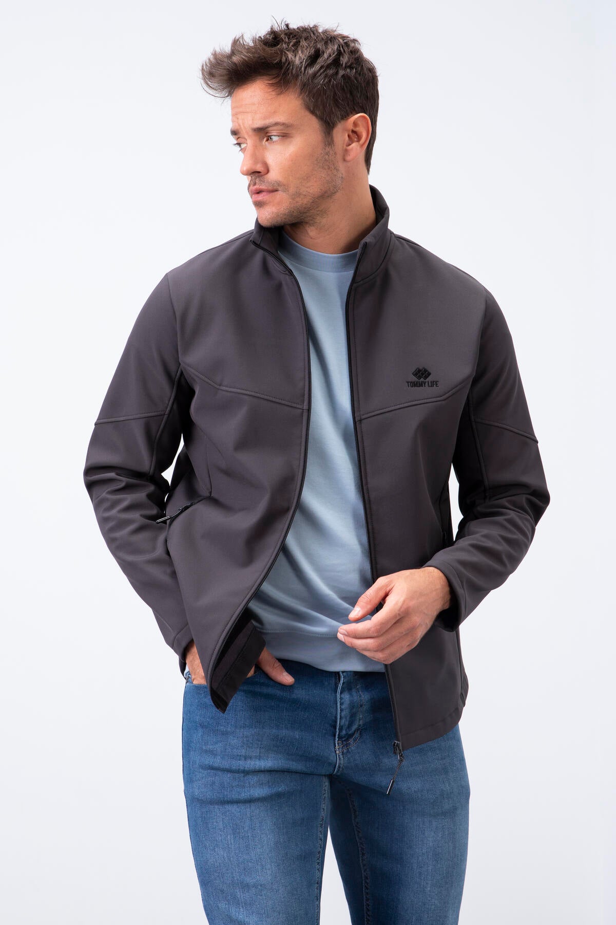 Antrasit Fermuarlı Dik Yaka Su ve Rüzgar Geçirmez Softshell Erkek Mont - 88050