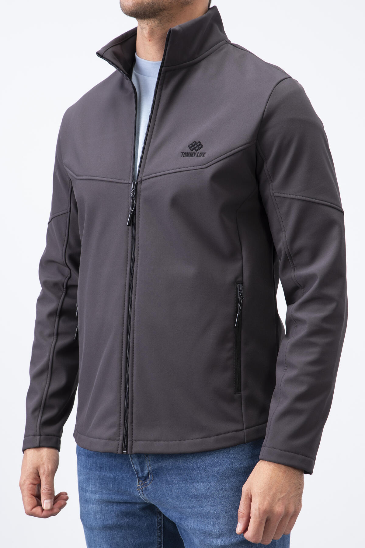 Antrasit Fermuarlı Dik Yaka Su ve Rüzgar Geçirmez Softshell Erkek Mont - 88050