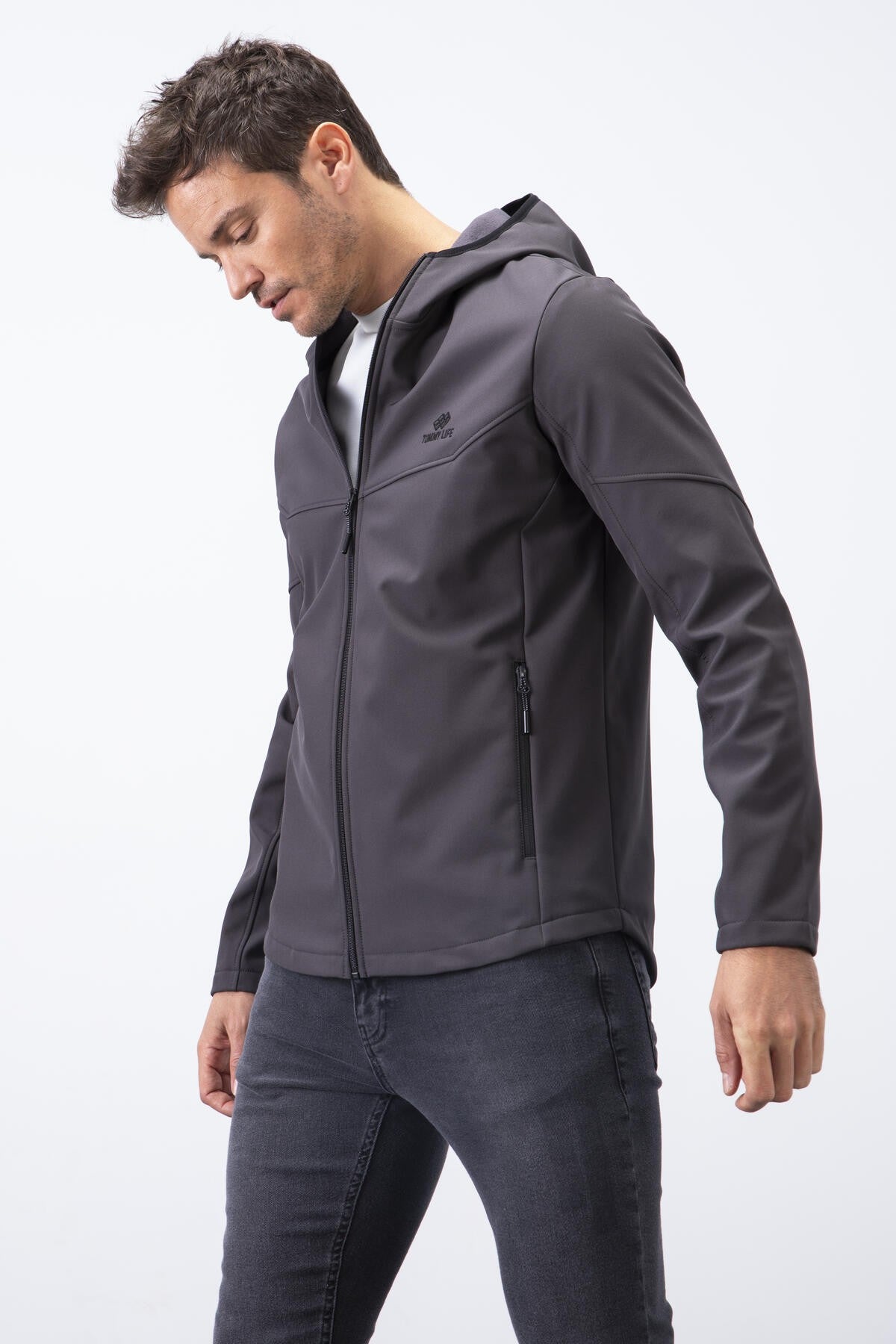Antrasit Fermuarlı Kapüşonlu Su ve Rüzgar Geçirmez Softshell Erkek Mont - 88051
