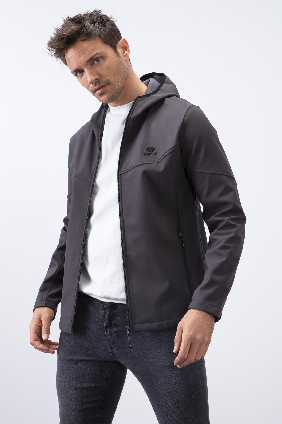 Antrasit Fermuarlı Kapüşonlu Su ve Rüzgar Geçirmez Softshell Erkek Mont - 88051