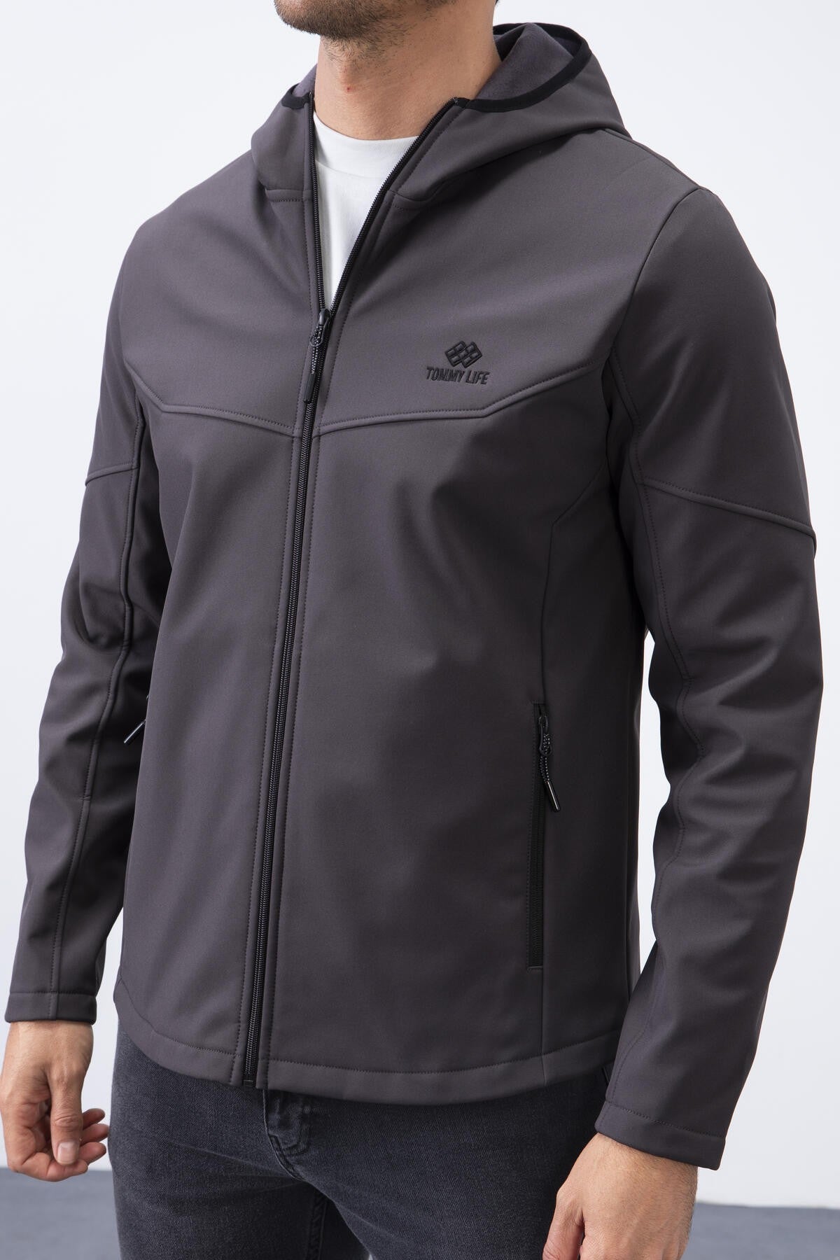 Antrasit Fermuarlı Kapüşonlu Su ve Rüzgar Geçirmez Softshell Erkek Mont - 88051