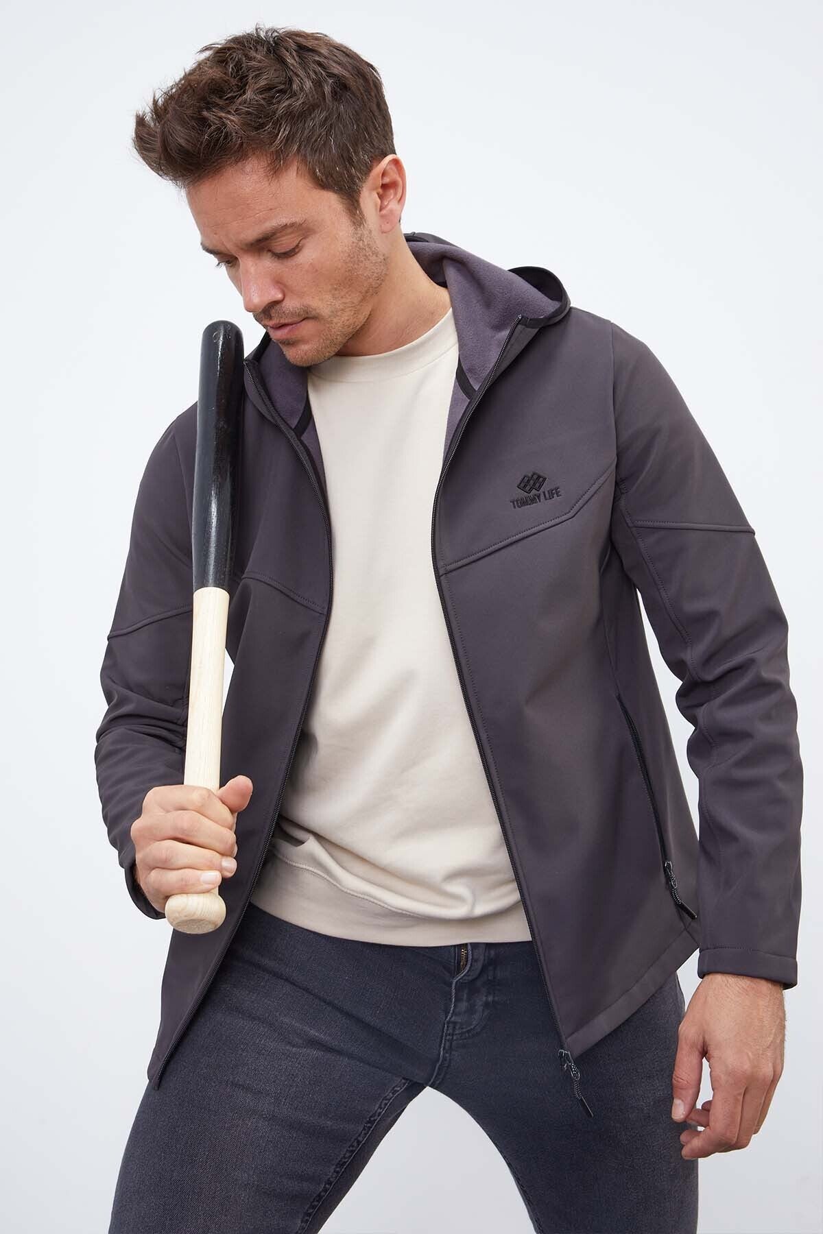 Antrasit Fermuarlı Kapüşonlu Su ve Rüzgar Geçirmez Softshell Erkek Mont - 88051