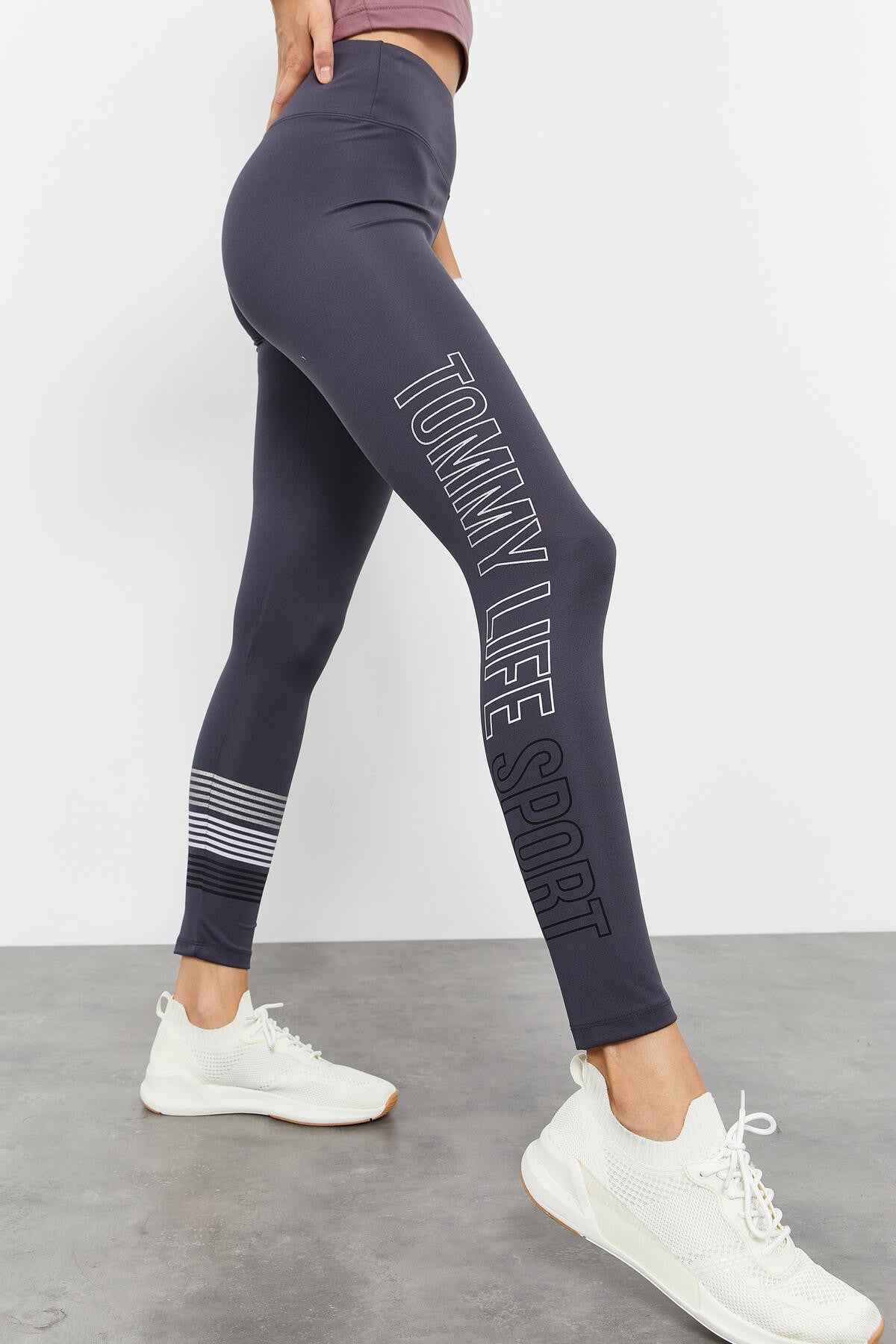 Antrasit Yüksek Bel Yazı Baskılı Slim Fit Dar Paça Kadın Tayt - 94544