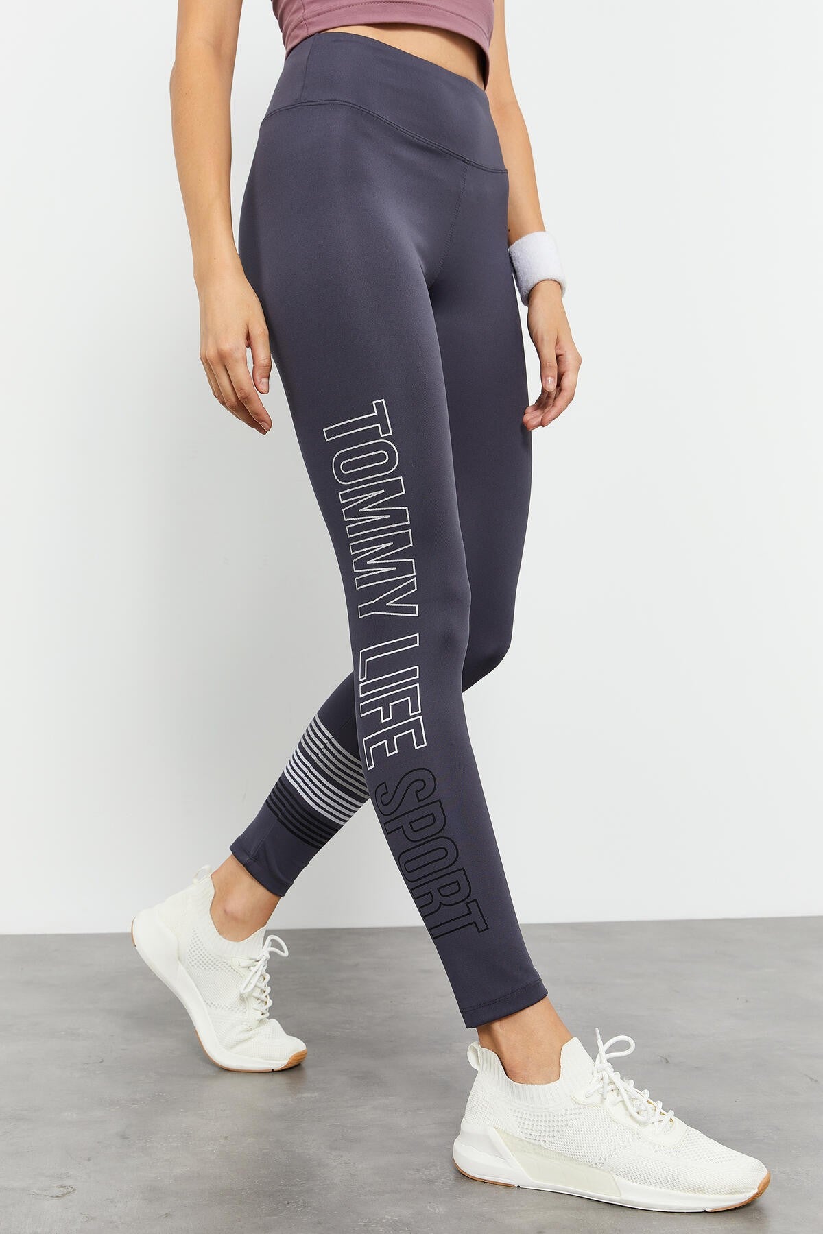Antrasit Yüksek Bel Yazı Baskılı Slim Fit Dar Paça Kadın Tayt - 94544