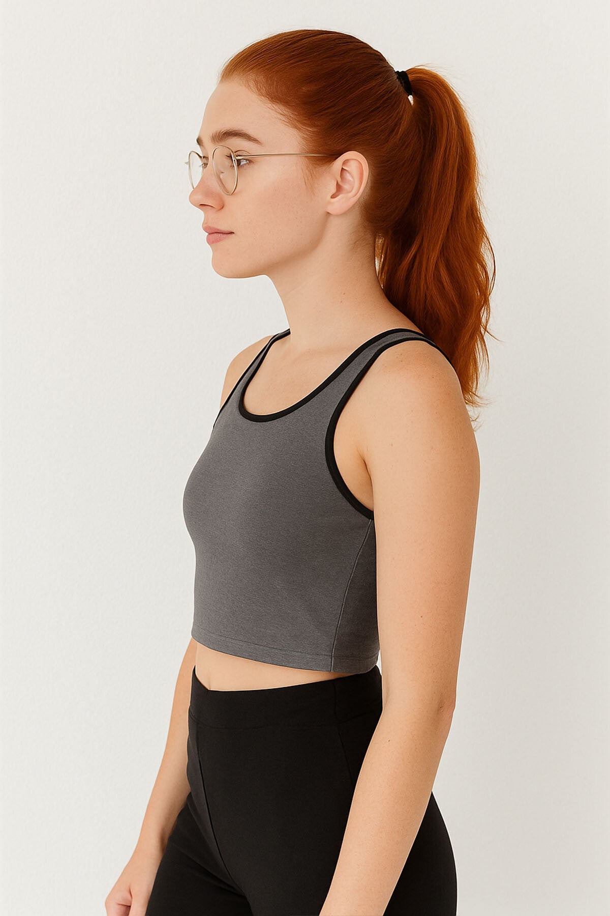 Antrasit Melanj Basic Sıfır Kol Dar Kalıp U Yaka Kadın Crop Top Atlet - 97162