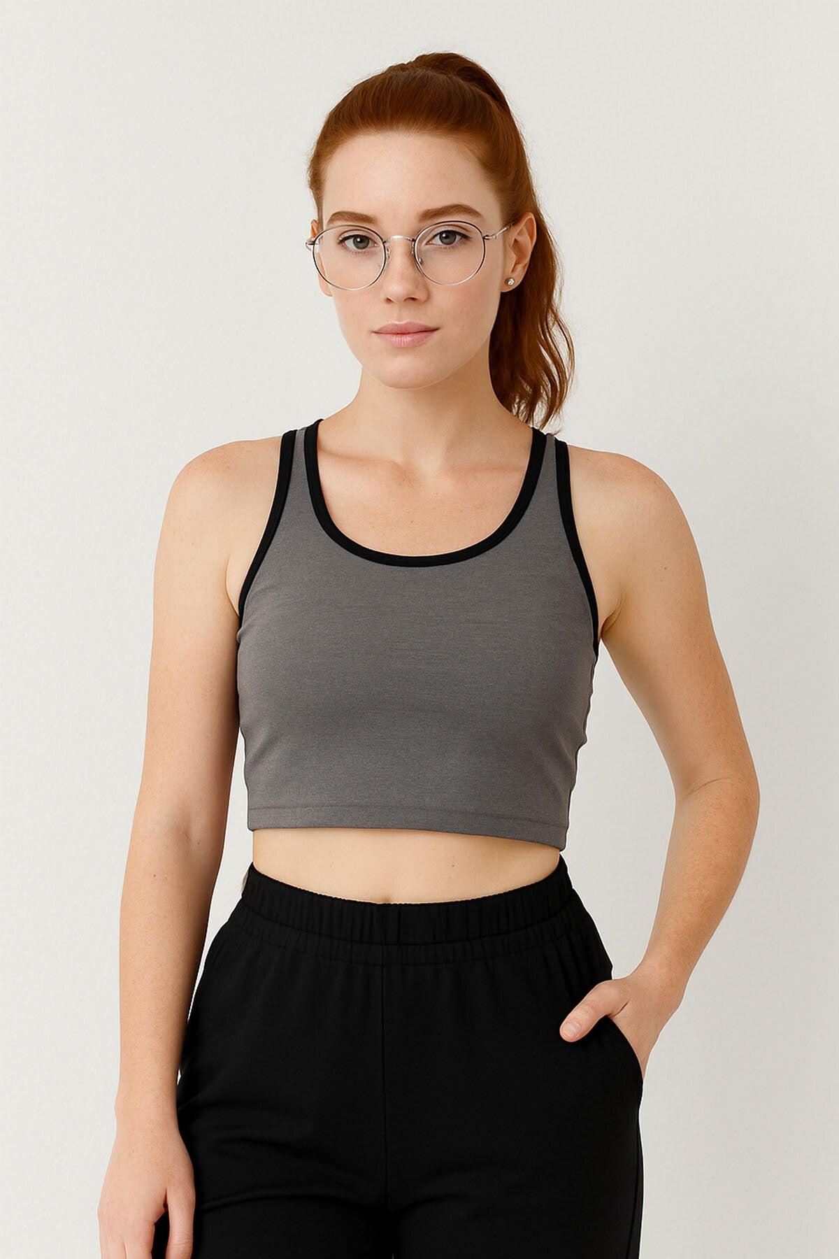 Antrasit Melanj Basic Sıfır Kol Dar Kalıp U Yaka Kadın Crop Top Atlet - 97162