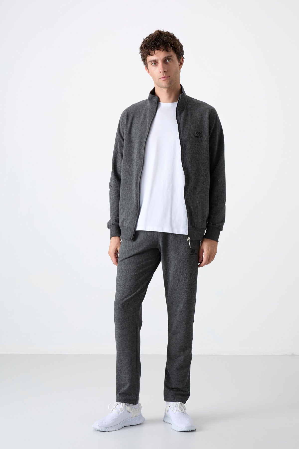 Antrasit Melanj Dik Yaka Fermuarlı Rahat Form Klasik Paça Erkek Eşofman Takımı - 85072