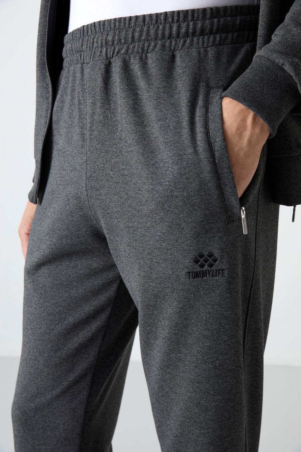 Antrasit Melanj Dik Yaka Fermuarlı Rahat Form Klasik Paça Erkek Eşofman Takımı - 85072