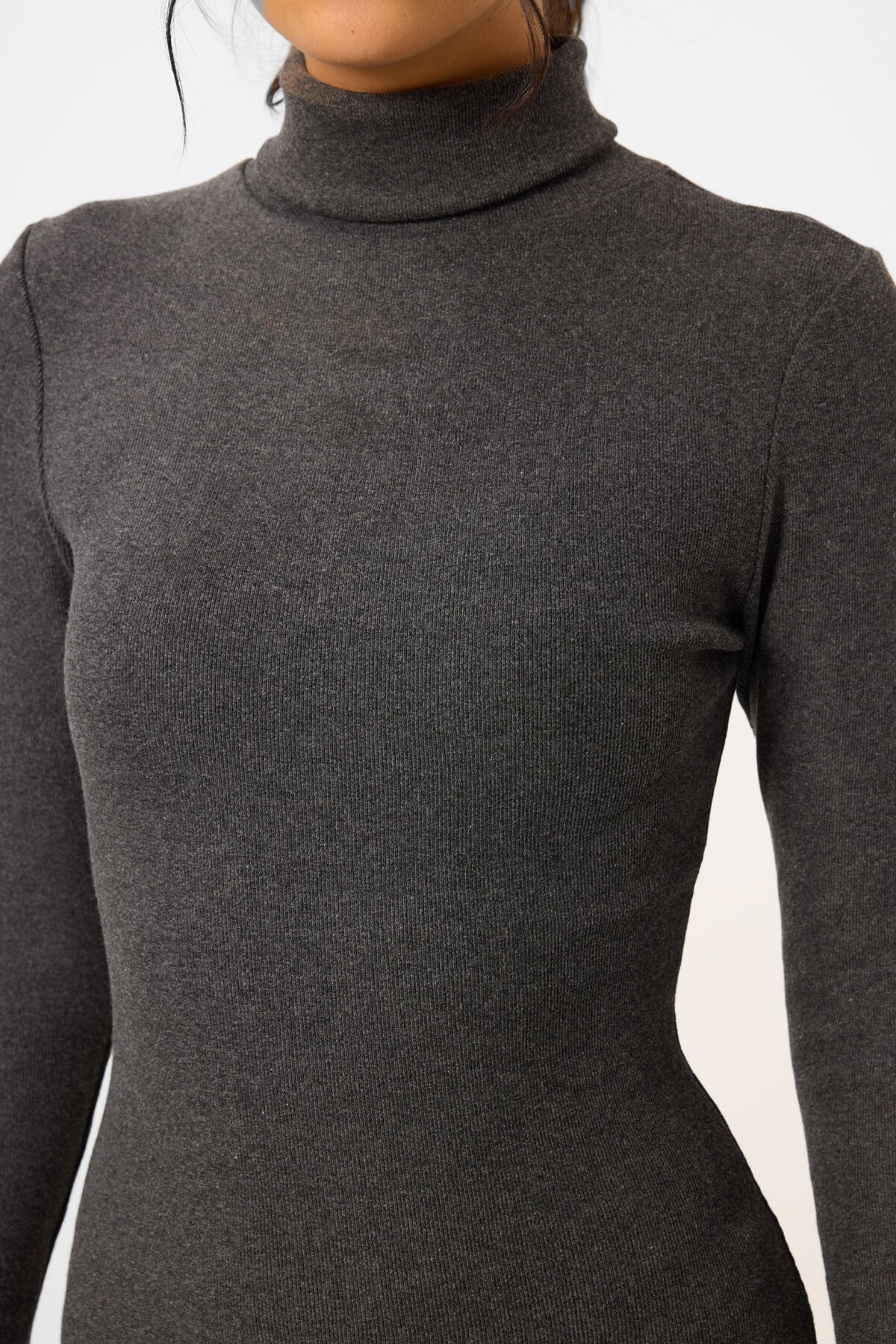 Antrasit Melanj Kaşkorse Triko Dar Kalıp Balıkçı Yaka Kadın Elbise - 97117