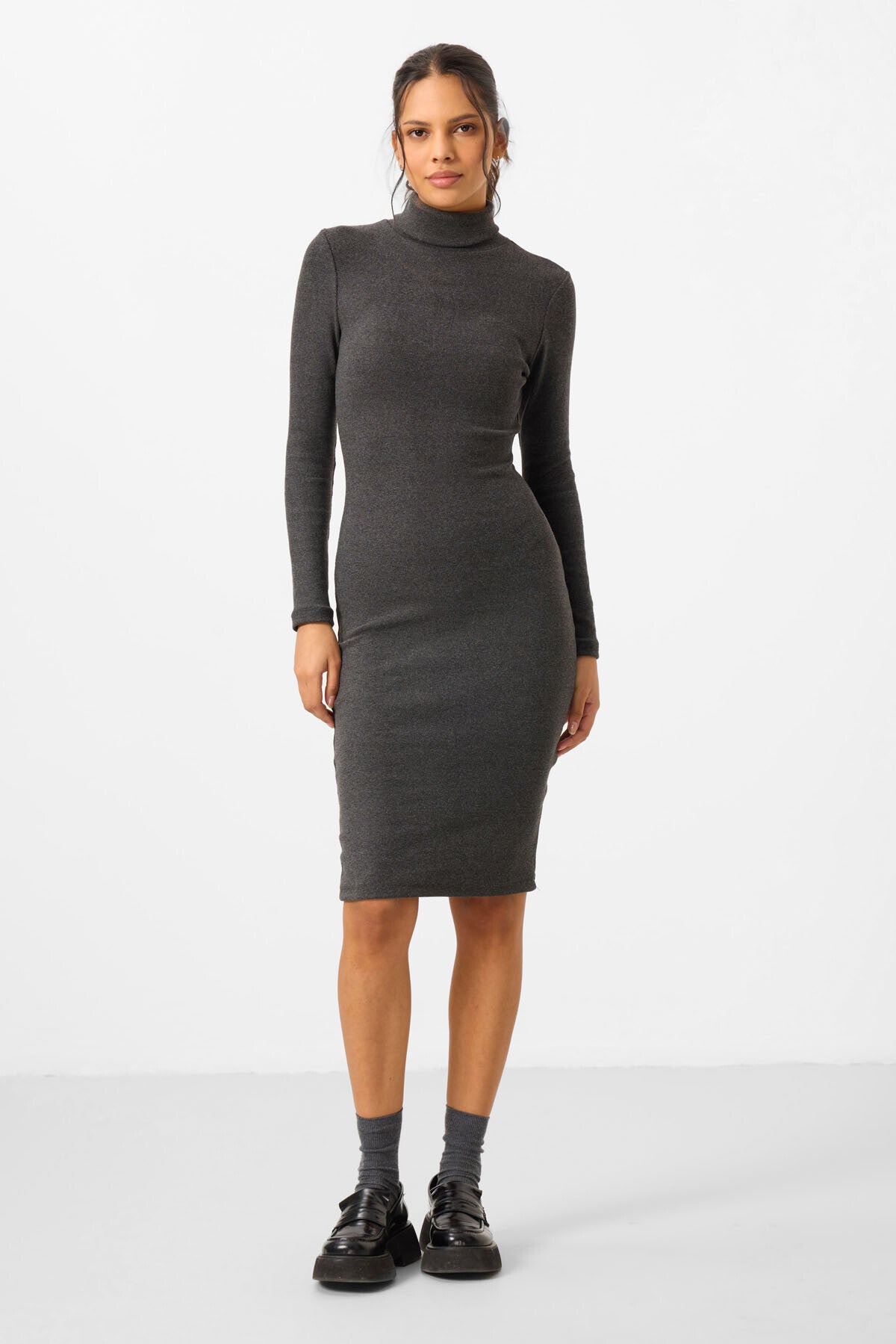 Antrasit Melanj Kaşkorse Triko Dar Kalıp Balıkçı Yaka Kadın Elbise - 97117