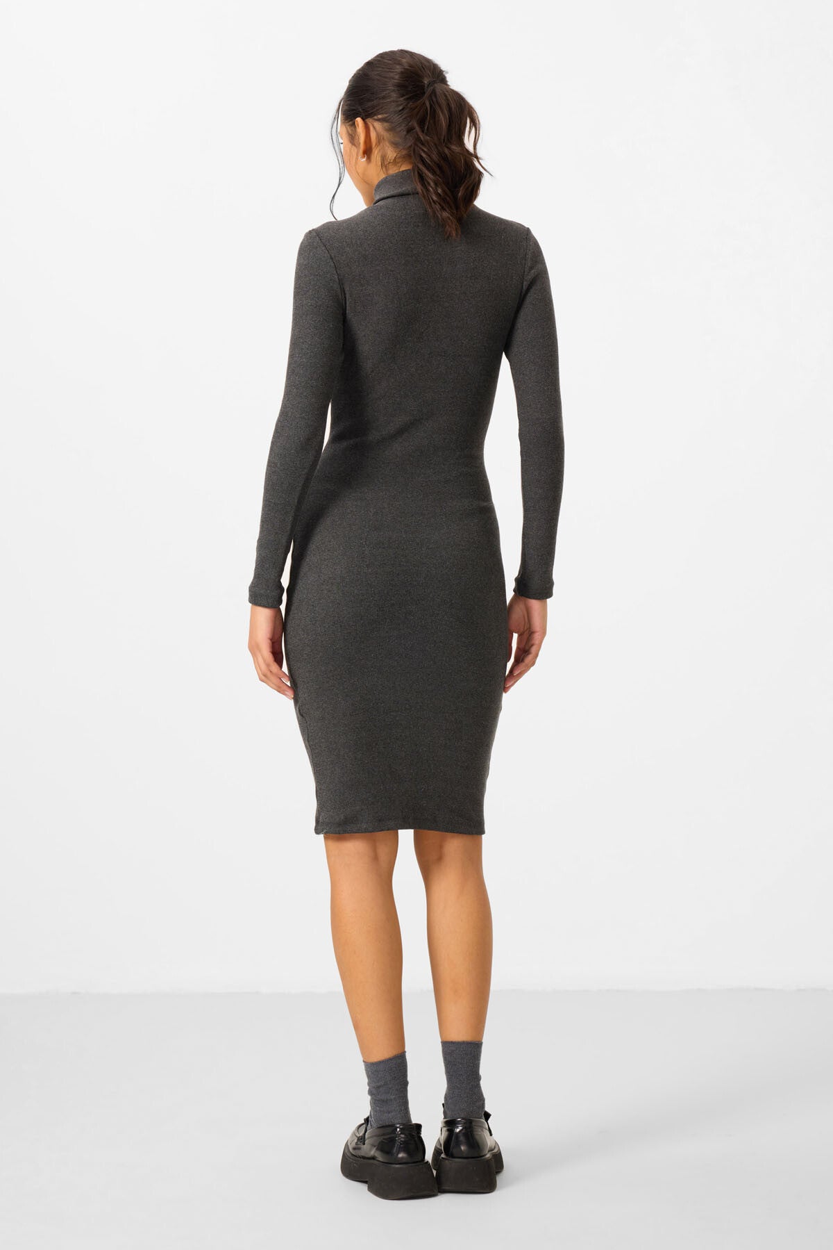 Antrasit Melanj Kaşkorse Triko Dar Kalıp Balıkçı Yaka Kadın Elbise - 97117