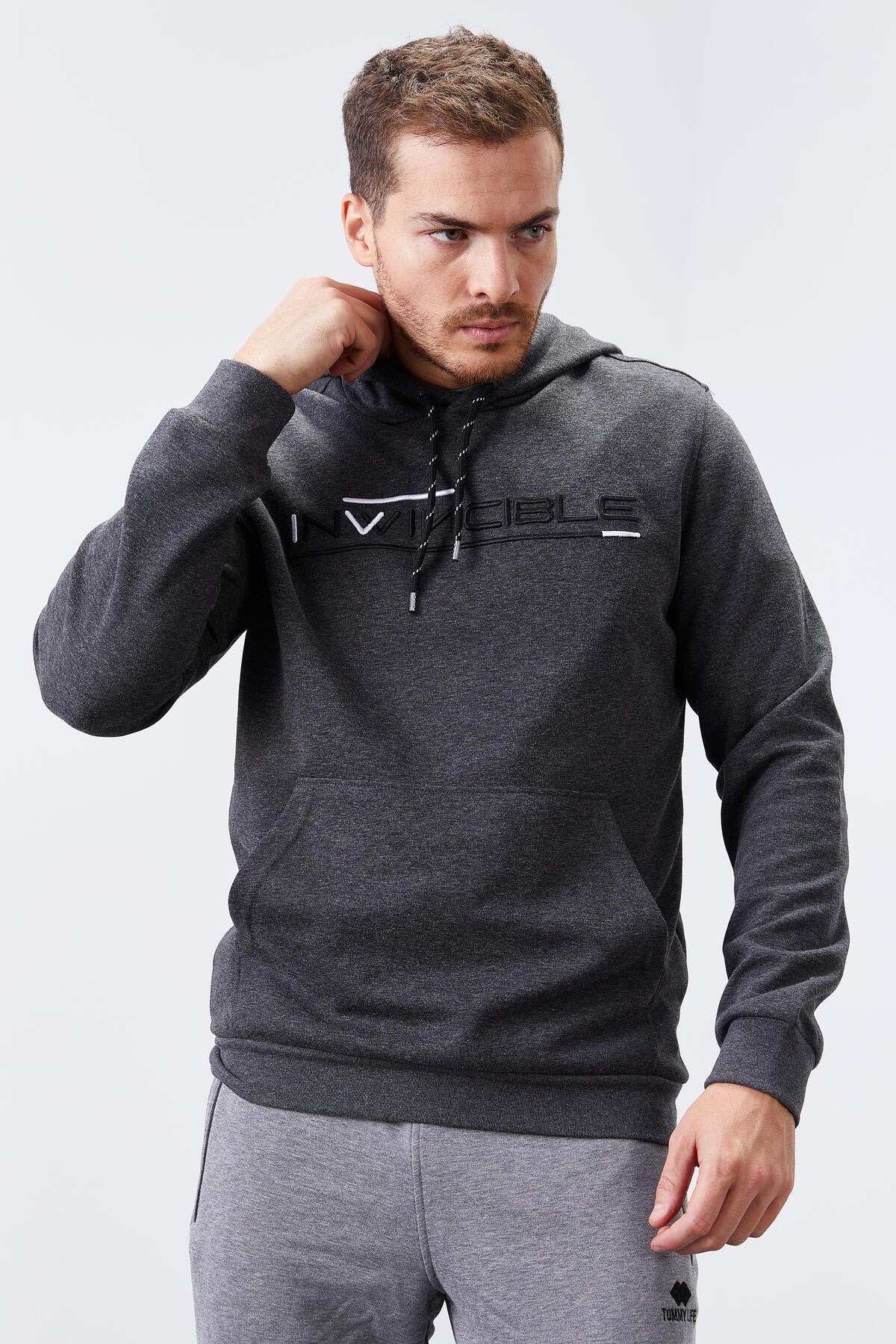 Antrasit Melanj Kanguru Cep Standart Kalıp Kapüşonlu Erkek Sweatshirt - 87883