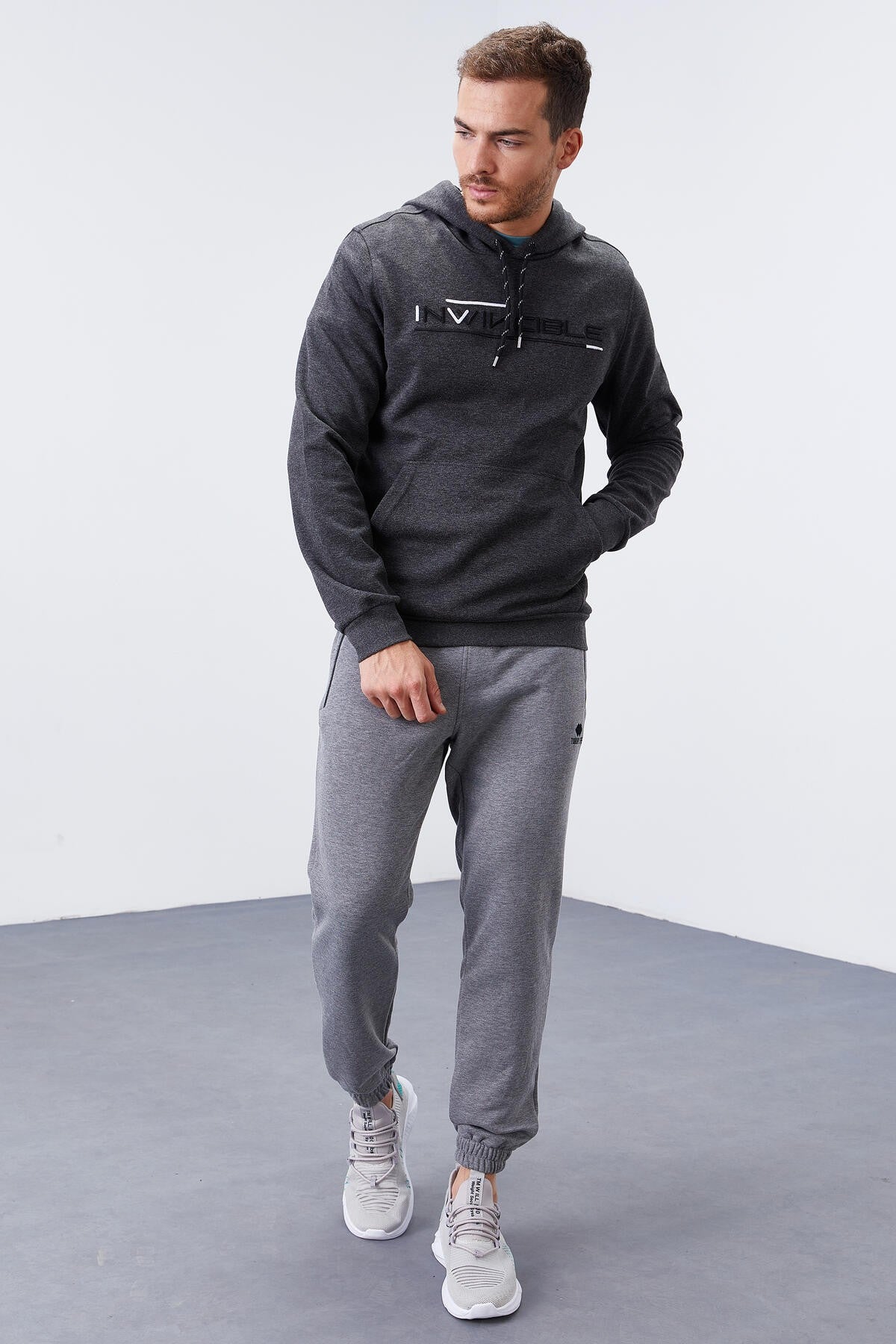 Antrasit Melanj Kanguru Cep Standart Kalıp Kapüşonlu Erkek Sweatshirt - 87883