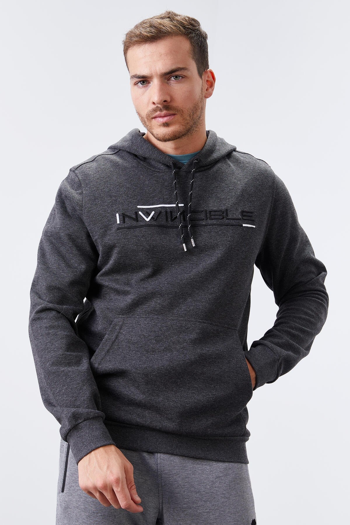 Antrasit Melanj Kanguru Cep Standart Kalıp Kapüşonlu Erkek Sweatshirt - 87883