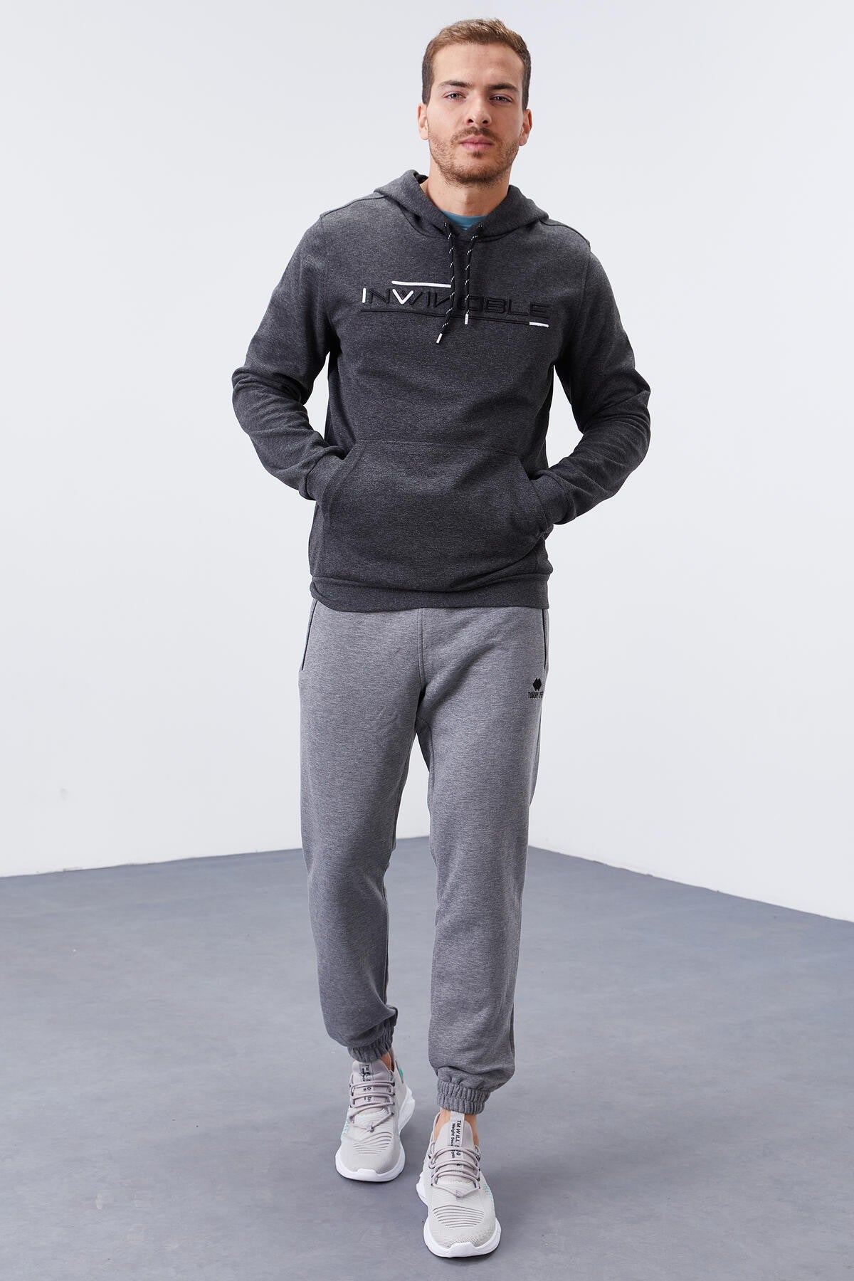 Antrasit Melanj Kanguru Cep Standart Kalıp Kapüşonlu Erkek Sweatshirt - 87883