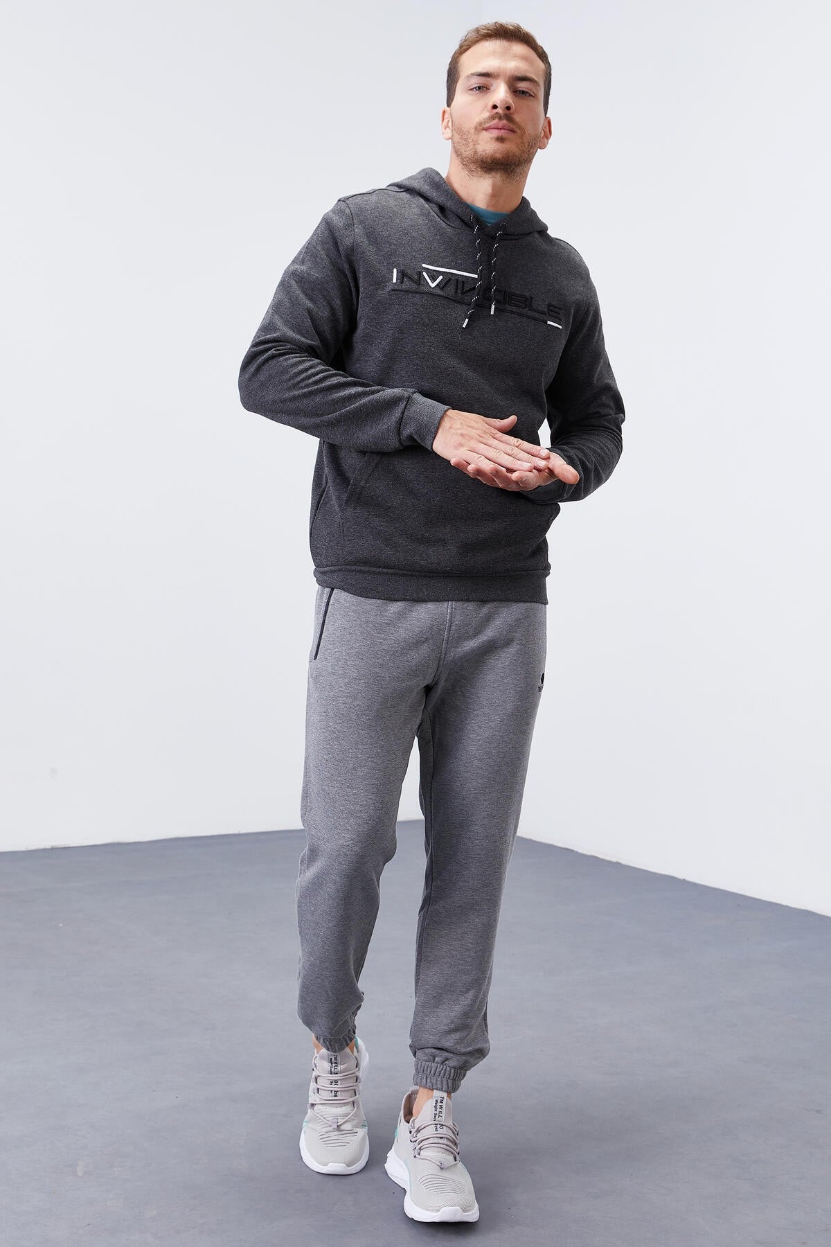 Antrasit Melanj Kanguru Cep Standart Kalıp Kapüşonlu Erkek Sweatshirt - 87883