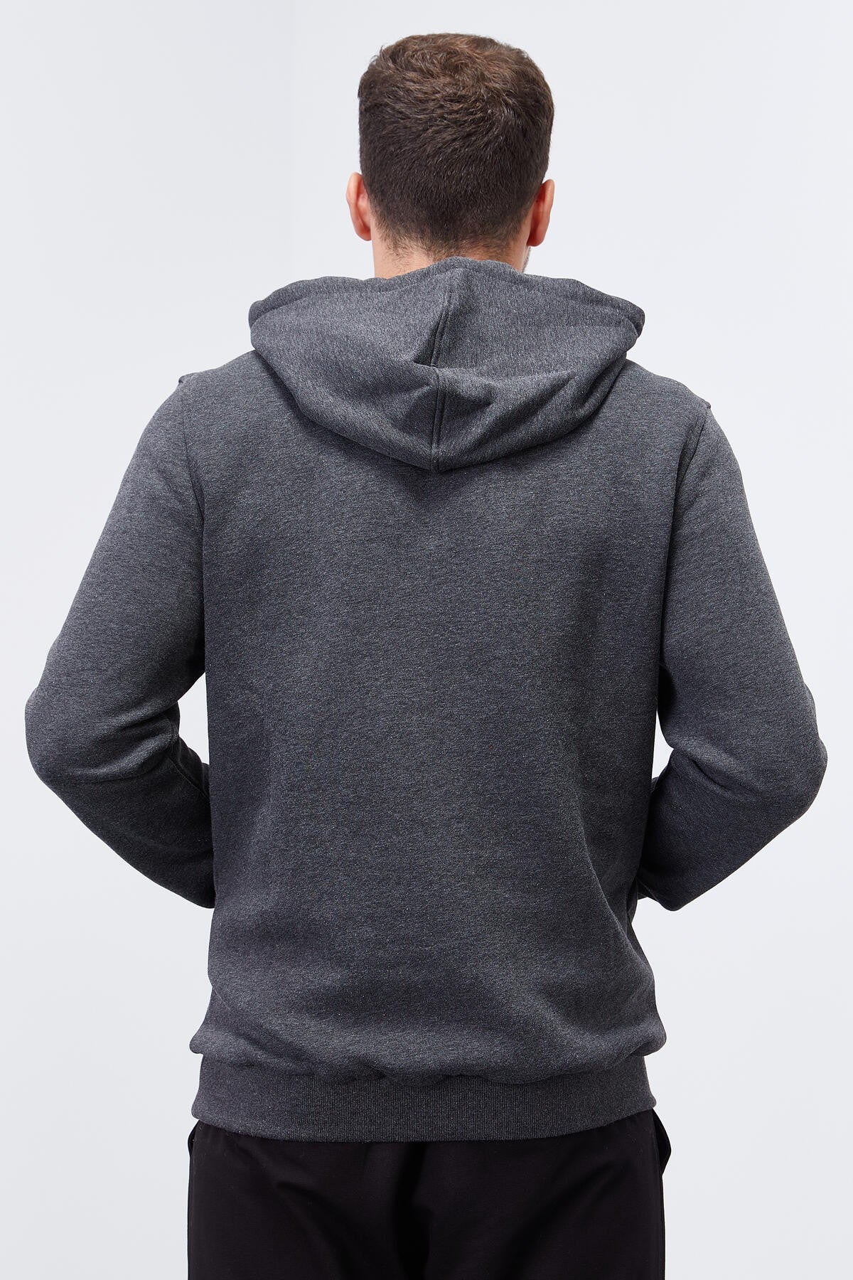 Antrasit Melanj Nakışlı Kanguru Cep Standart Kalıp Kapüşonlu Erkek Sweatshirt - 87839