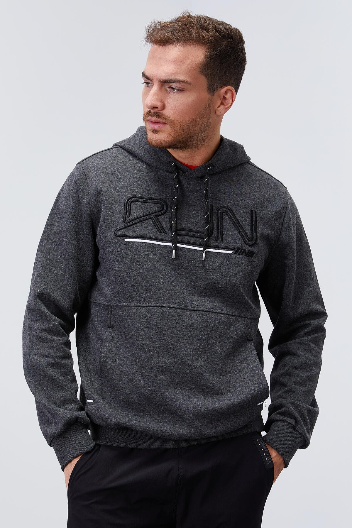 Antrasit Melanj Yazı Nakışlı Standart Kalıp Kapüşonlu Erkek Sweatshirt - 87887