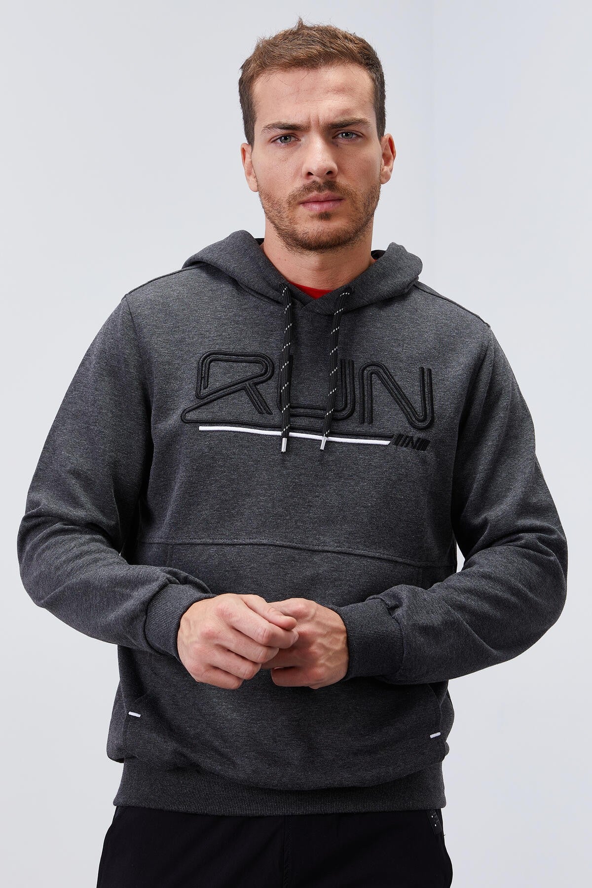 Antrasit Melanj Yazı Nakışlı Standart Kalıp Kapüşonlu Erkek Sweatshirt - 87887