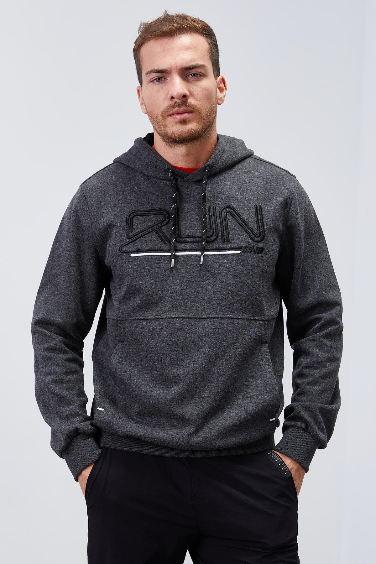 Antrasit Melanj Yazı Nakışlı Standart Kalıp Kapüşonlu Erkek Sweatshirt - 87887