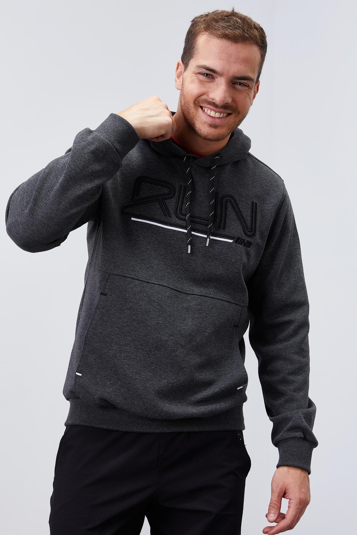 Antrasit Melanj Yazı Nakışlı Standart Kalıp Kapüşonlu Erkek Sweatshirt - 87887