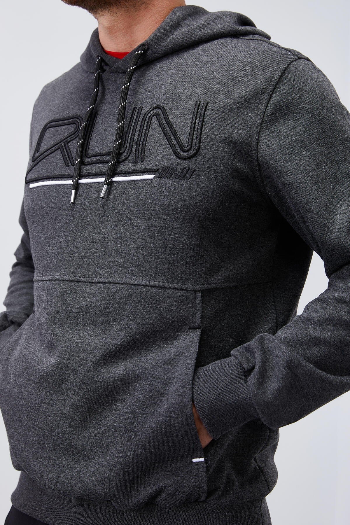 Antrasit Melanj Yazı Nakışlı Standart Kalıp Kapüşonlu Erkek Sweatshirt - 87887