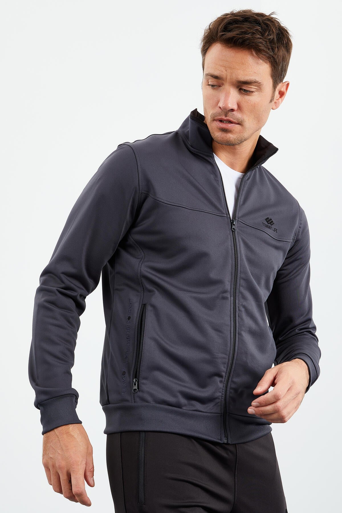 Antrasit - Siyah Dik Yaka Fermuarlı Standart Kalıp Klasik Paça Erkek Eşofman Takımı - 85162