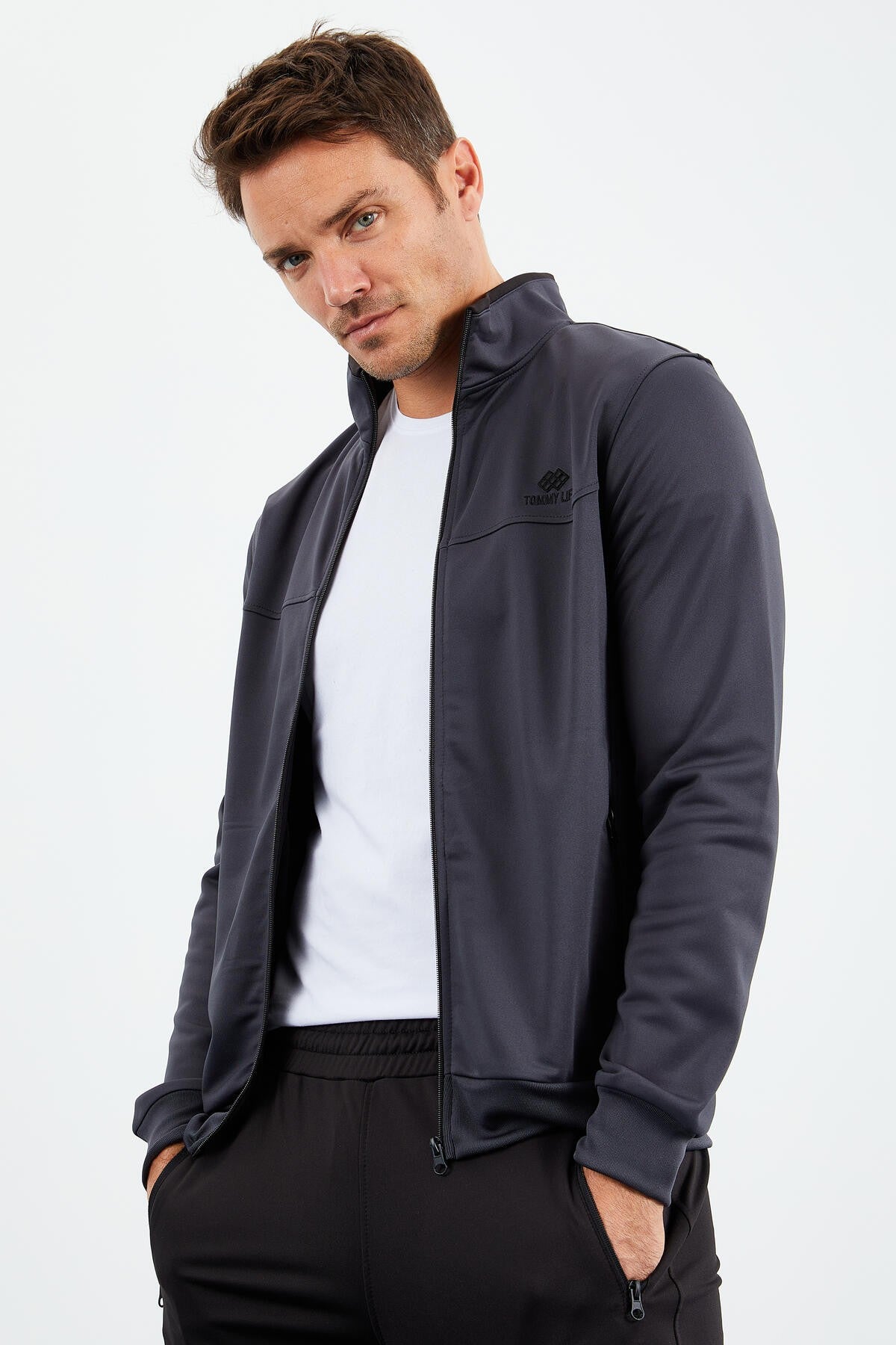 Antrasit - Siyah Dik Yaka Fermuarlı Standart Kalıp Klasik Paça Erkek Eşofman Takımı - 85162