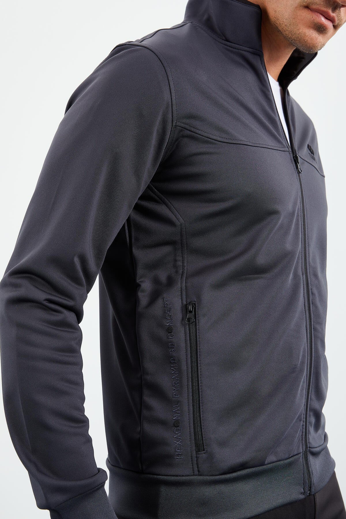 Antrasit - Siyah Dik Yaka Fermuarlı Standart Kalıp Klasik Paça Erkek Eşofman Takımı - 85162