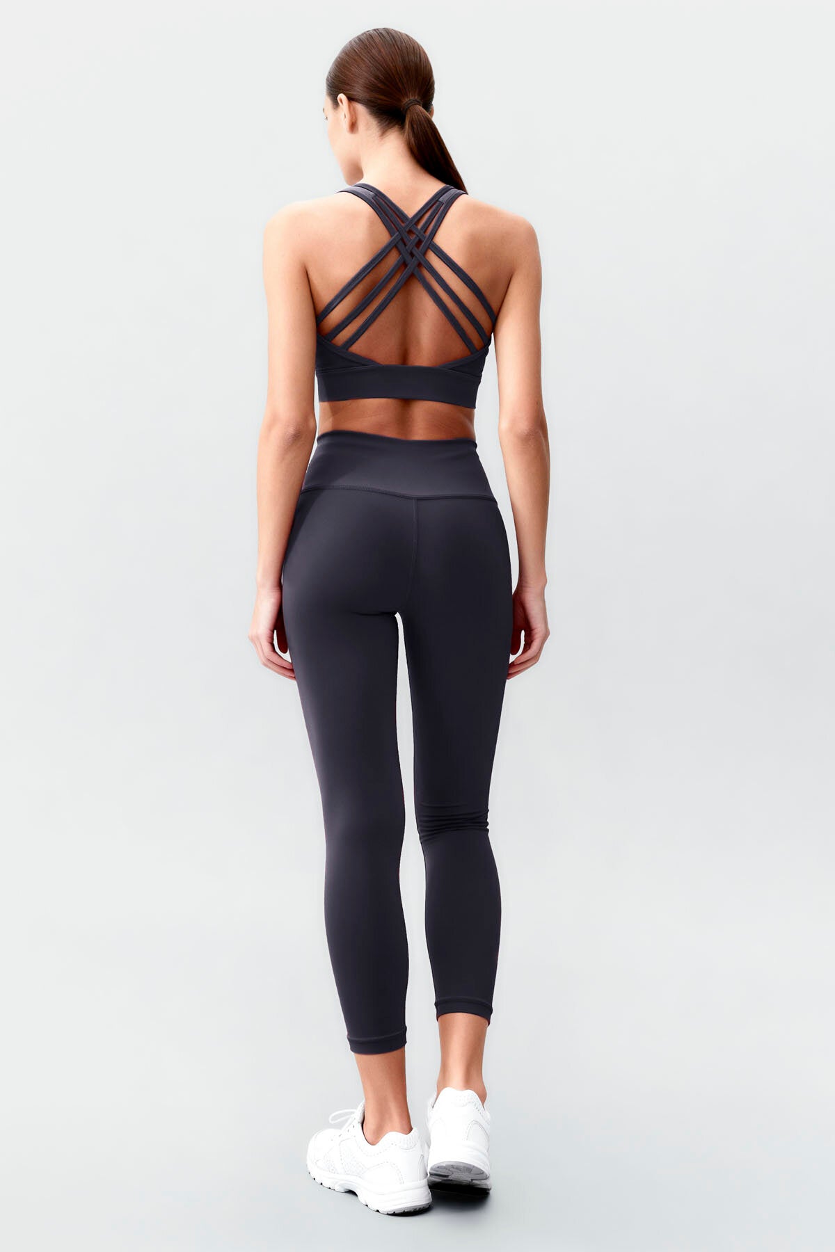 Antrasit Yüksek Bel Toparlayıcı Çapraz Sırt Detaylı Slim Fit Kadın Tayt Takım - 95283