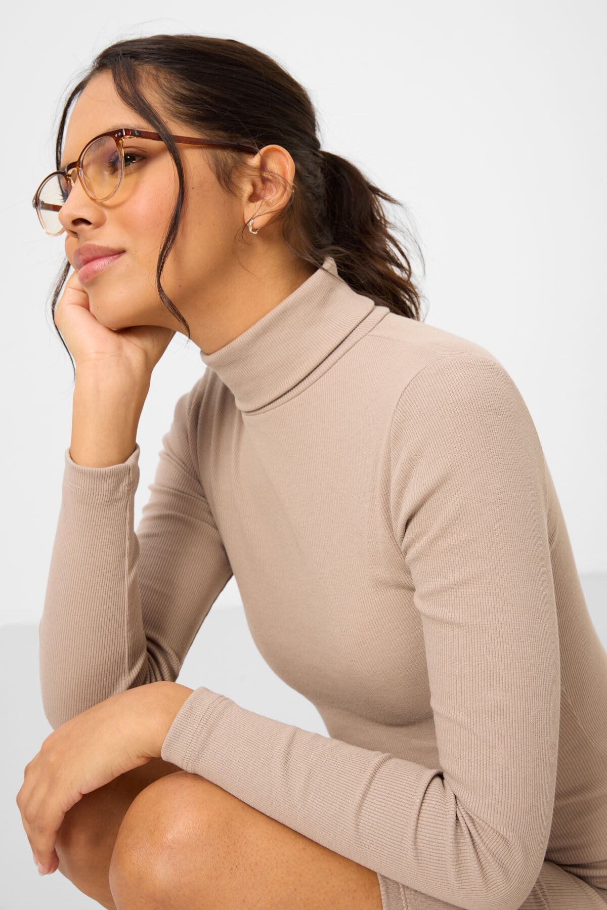 Bej Kaşkorse Triko Dar Kalıp Balıkçı Yaka Kadın Elbise - 97117