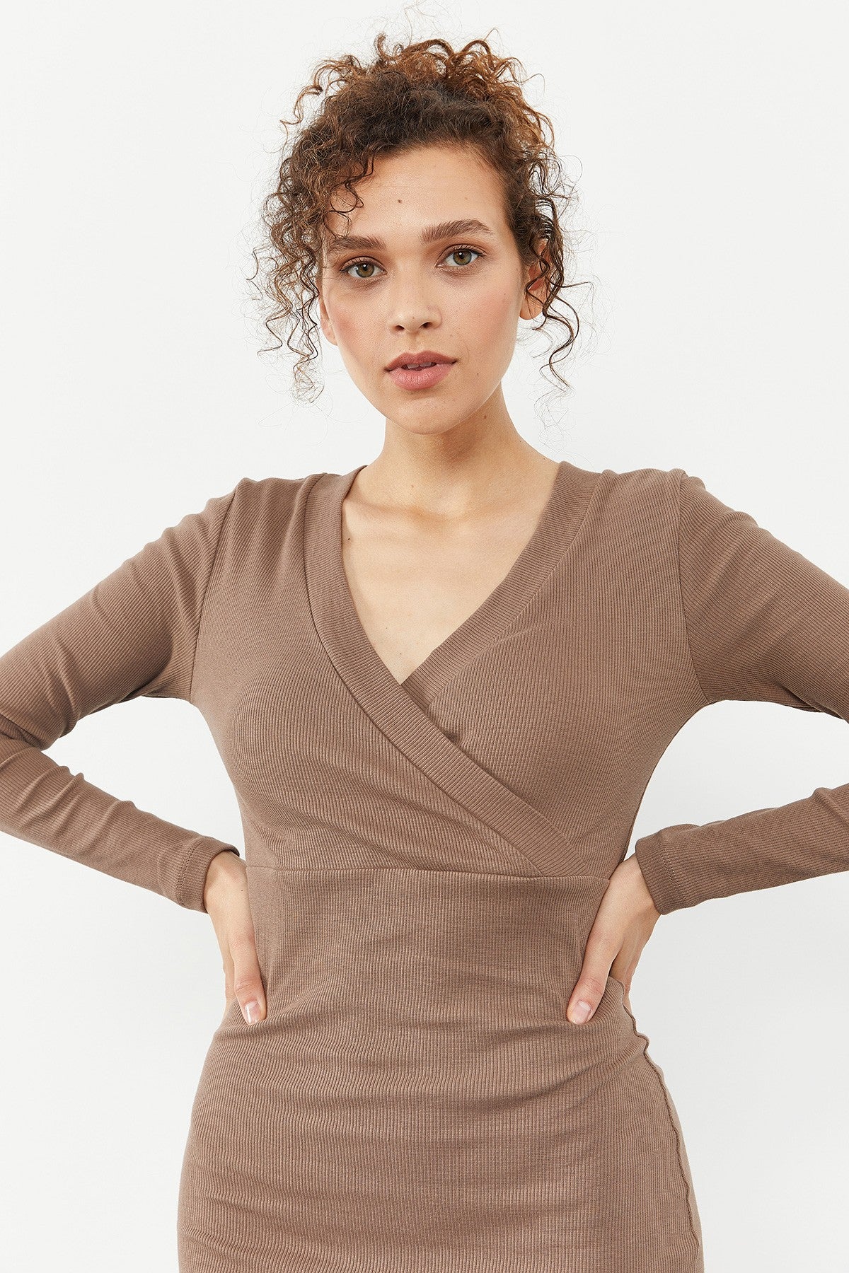 Bej Kaşkorse Triko Dar Kalıp Kruvaze Yaka Kadın Elbise - 97118