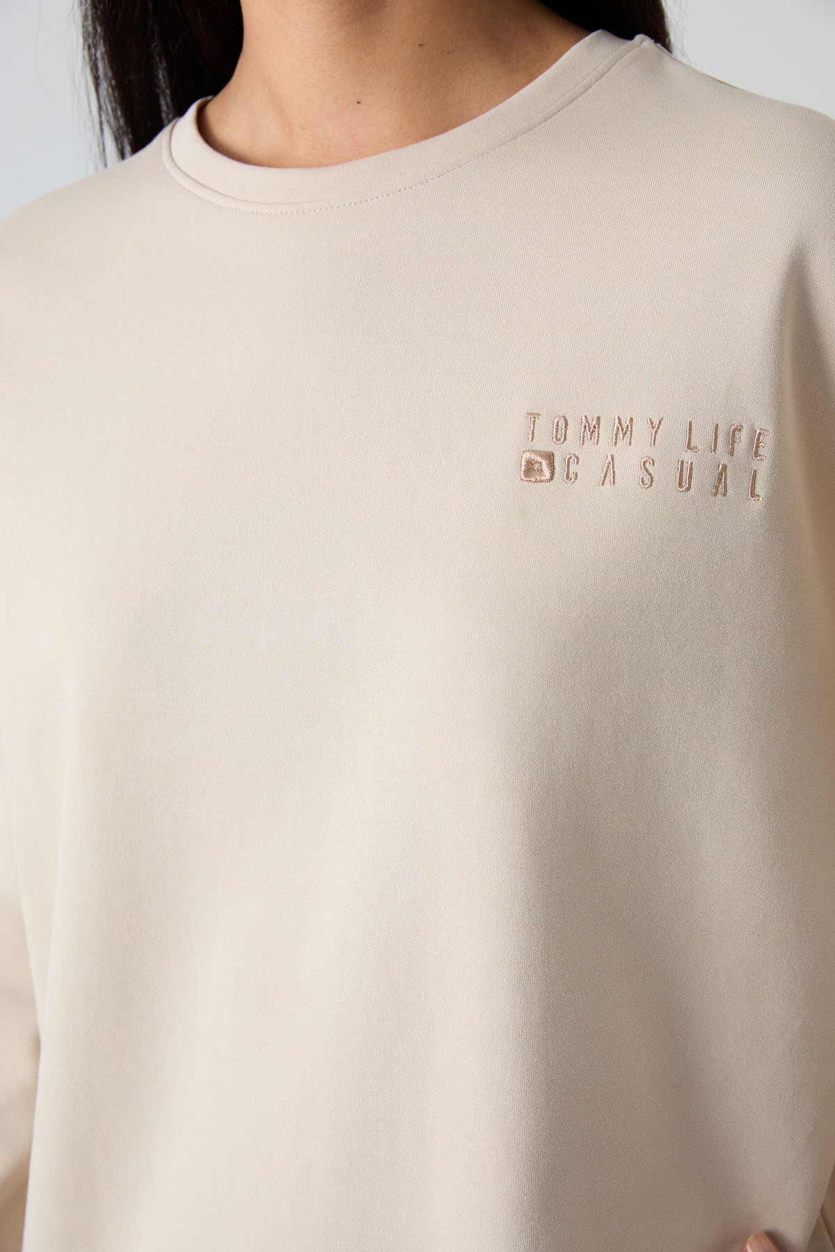 Bej Basic Pamuklu O Yaka Oversize Lastik Paça Kadın Eşofman Takım - 95287