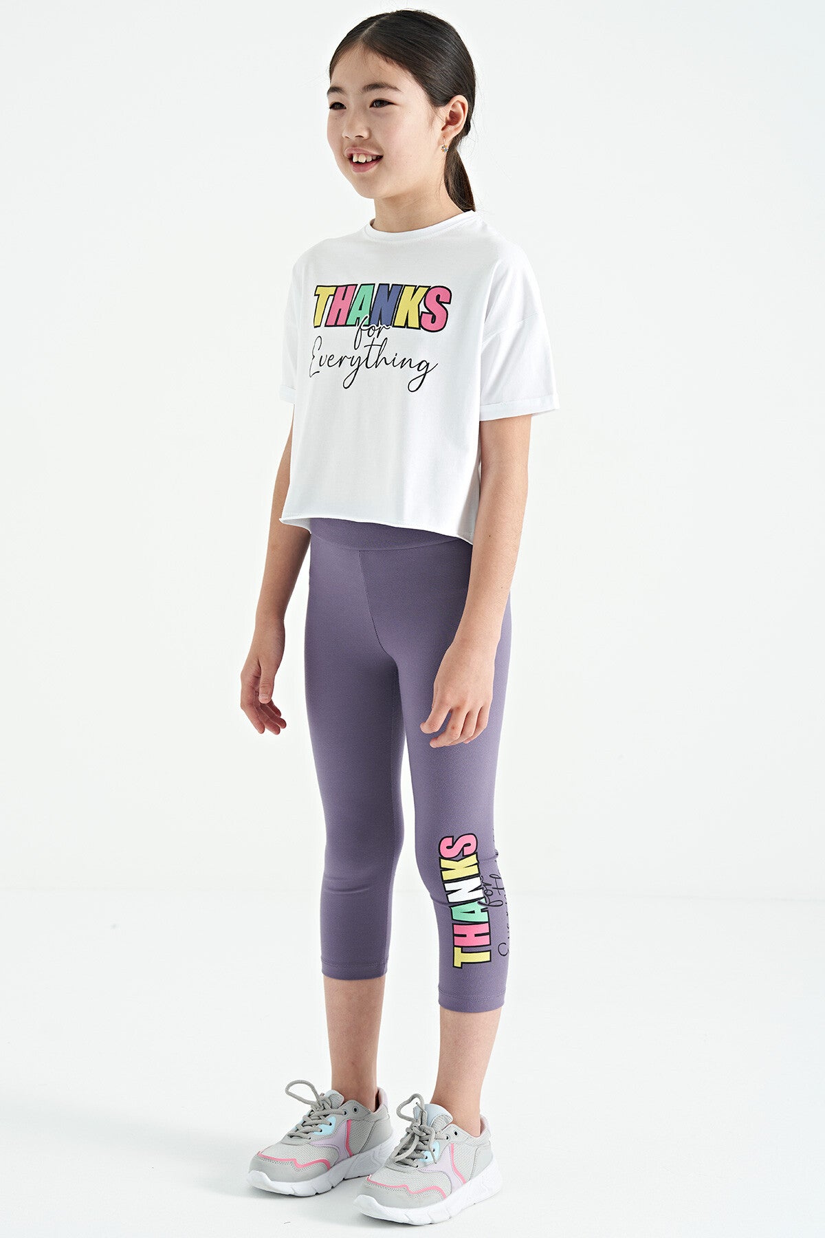 Beyaz - Açık Eflatun Yazı Baskılı Oversize Kız Çocuk Crop Tayt Takım - 75133