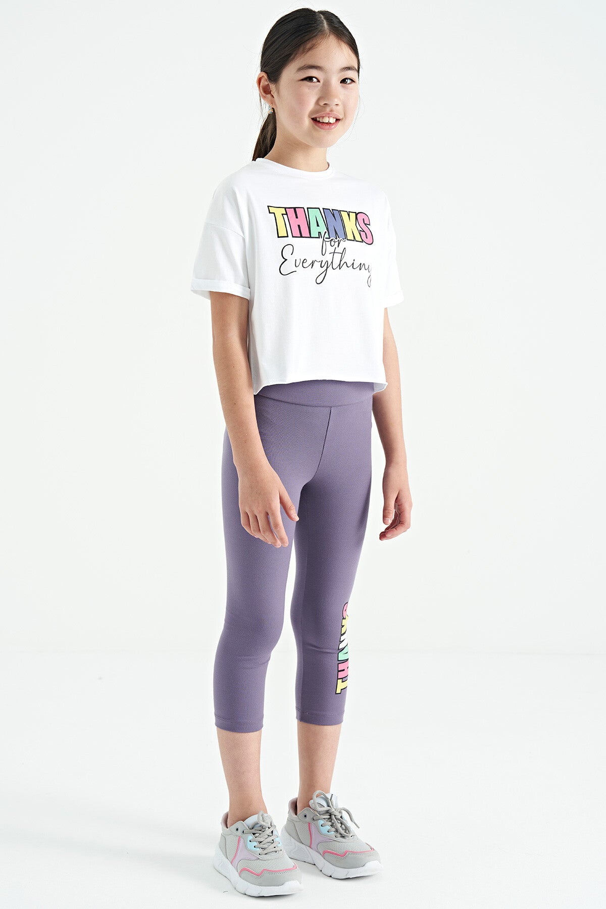 Beyaz - Açık Eflatun Yazı Baskılı Oversize Kız Çocuk Crop Tayt Takım - 75133