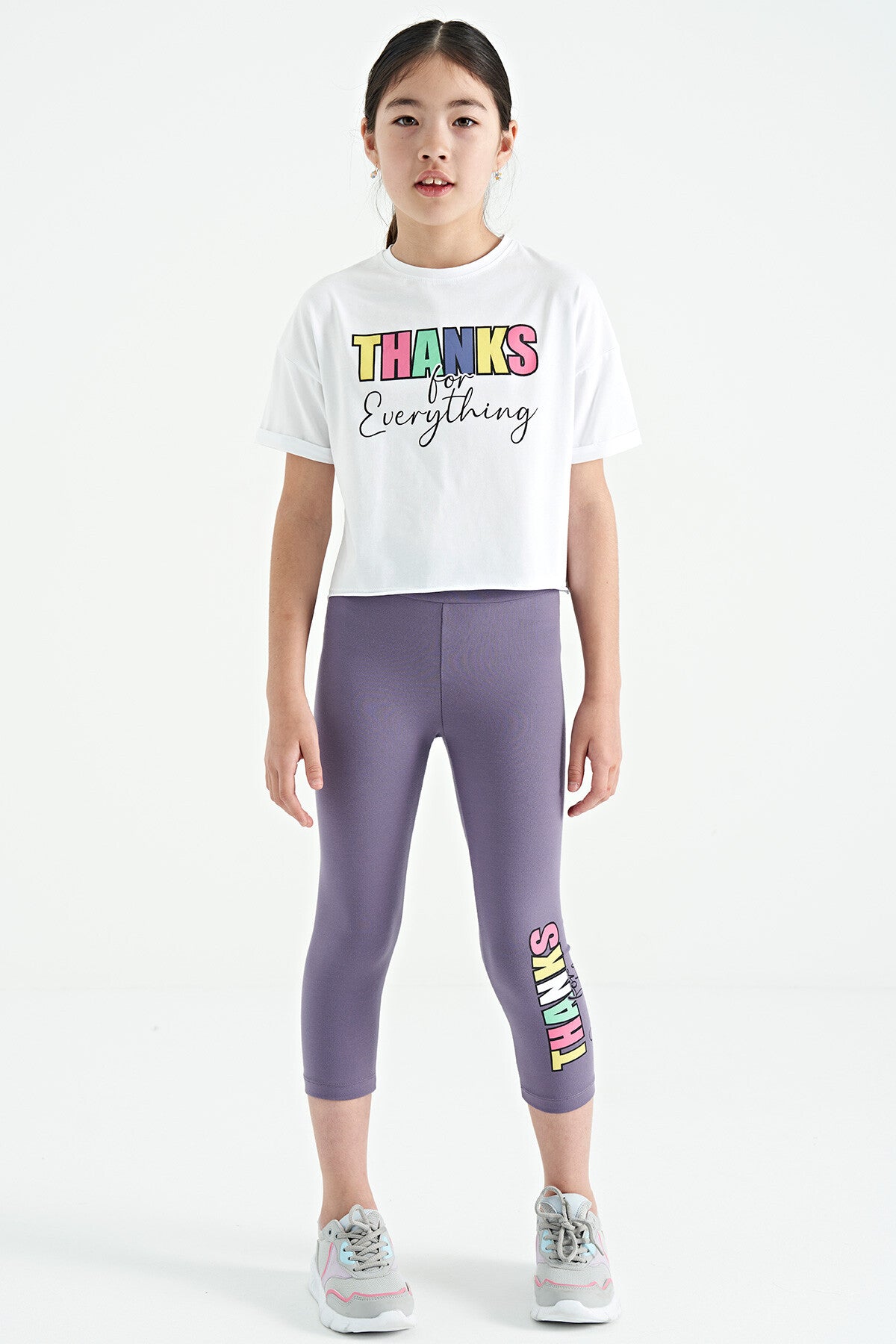 Beyaz - Açık Eflatun Yazı Baskılı Oversize Kız Çocuk Crop Tayt Takım - 75133