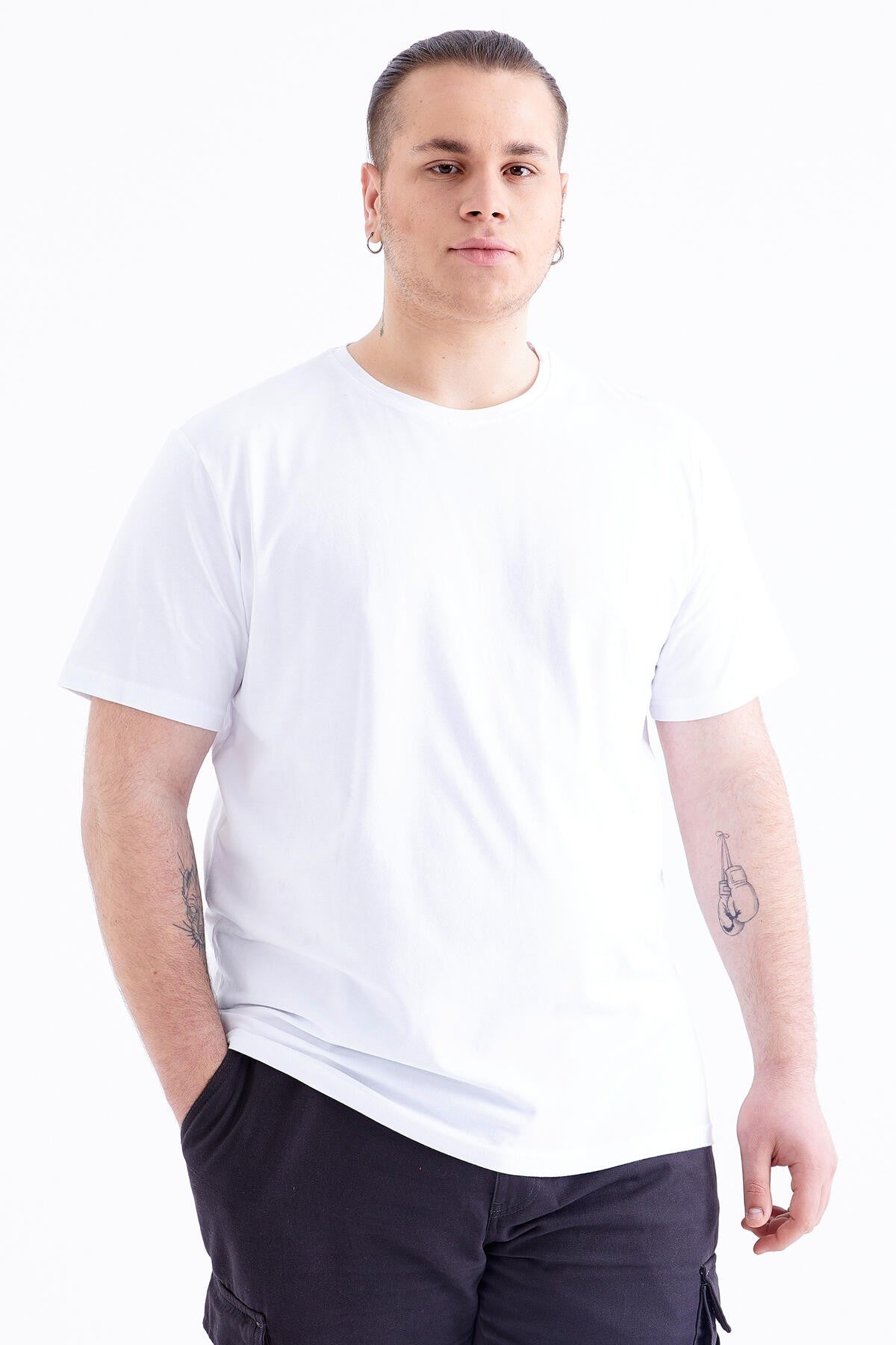 Beyaz Basic Kısa Kol O Yaka Büyük Beden Erkek T-Shirt - 88072
