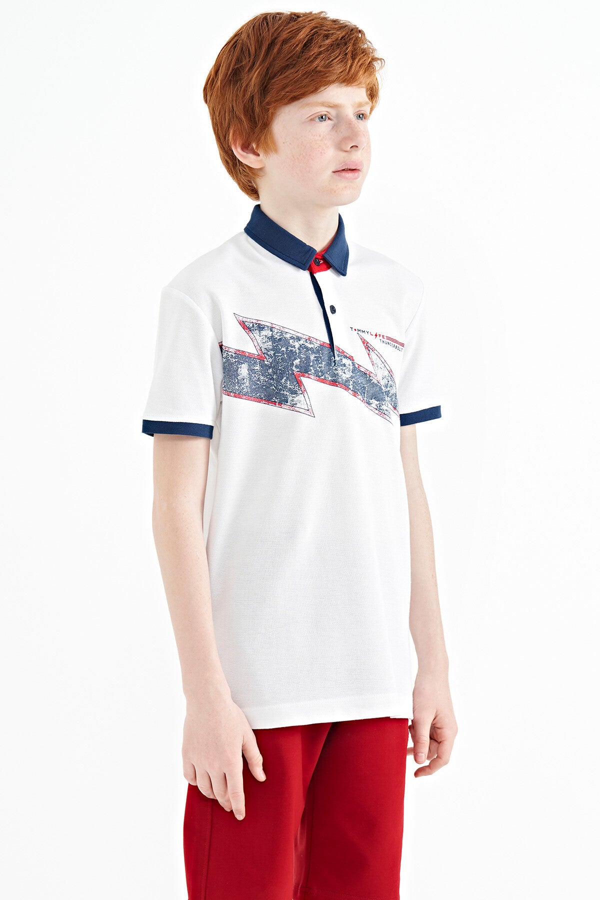 Beyaz Baskı Detaylı Standart Kalıp Polo Yaka Erkek Çocuk T-Shirt - 11154
