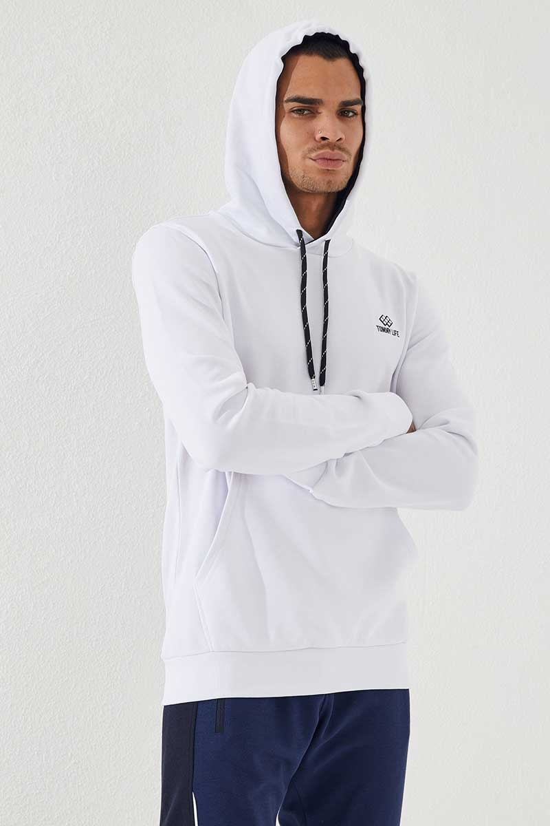 Beyaz Kanguru Cep Standart Kalıp Kapüşonlu Erkek Sweatshirt - 87872