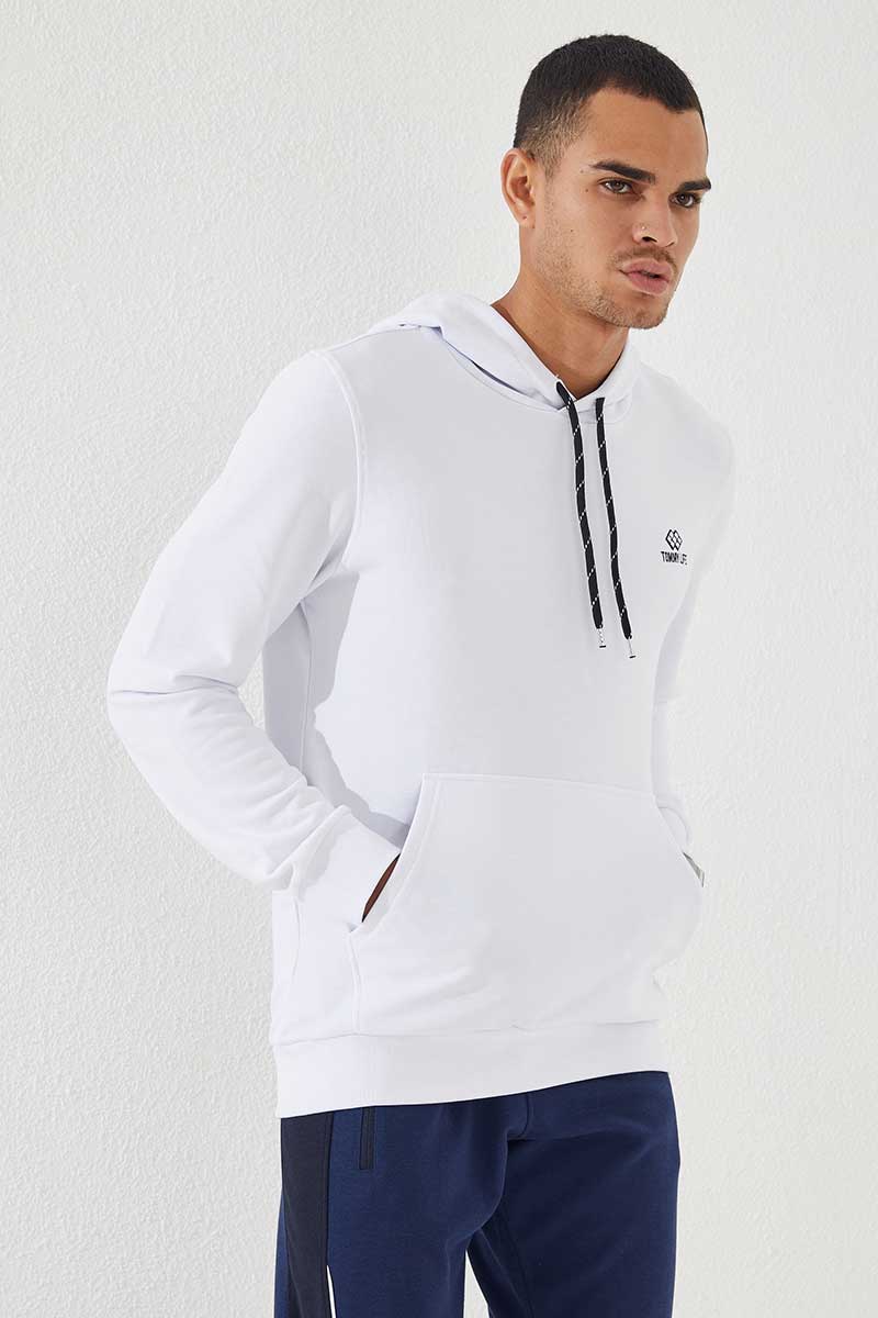 Beyaz Kanguru Cep Standart Kalıp Kapüşonlu Erkek Sweatshirt - 87872