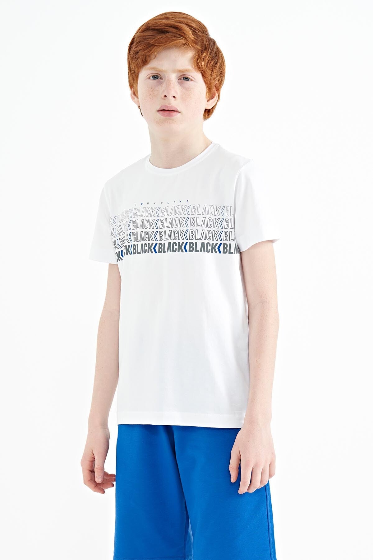 Beyaz Yazı Baskılı O Yaka Standart Kalıp Erkek Çocuk T-Shirt - 11149