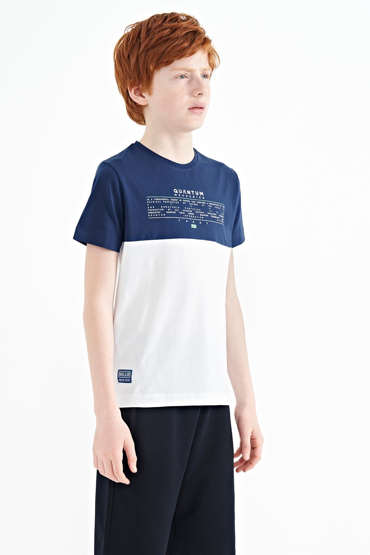 Beyaz Yazı Baskılı Renk Bloklu Standart Kalıp O Yaka Erkek Çocuk T-Shirt - 11134