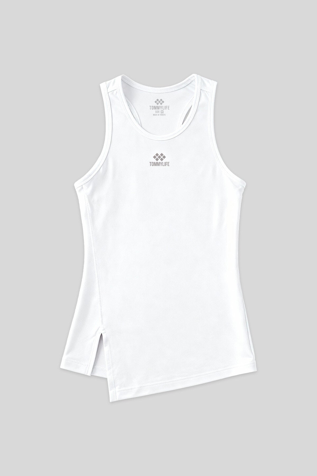 Beyaz Yırtmaç Detaylı O Yaka Sıfır Kollu Standart Kalıp Kadın Spor Atlet - 97256