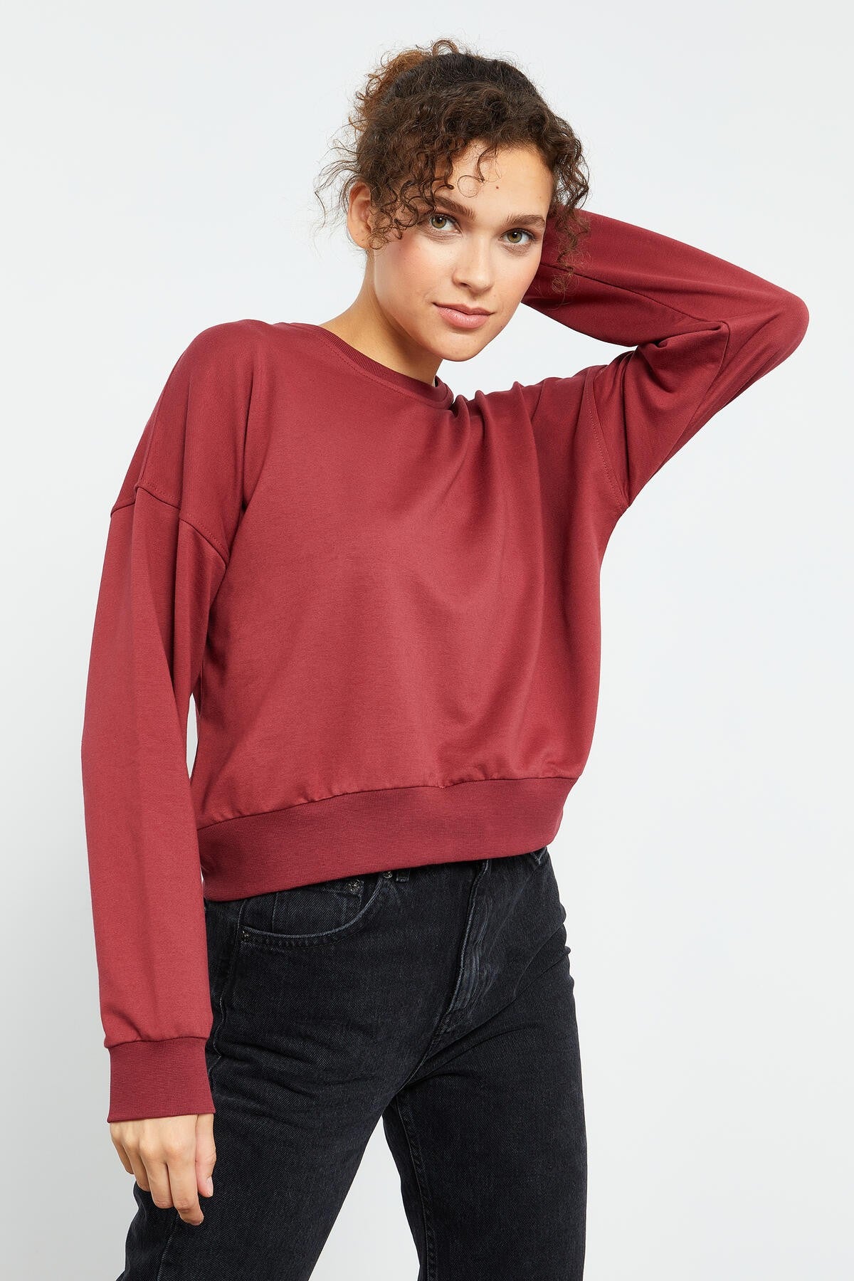 Bordo Basic Rahat Form O Yaka Kadın Sweatshirt - 97114